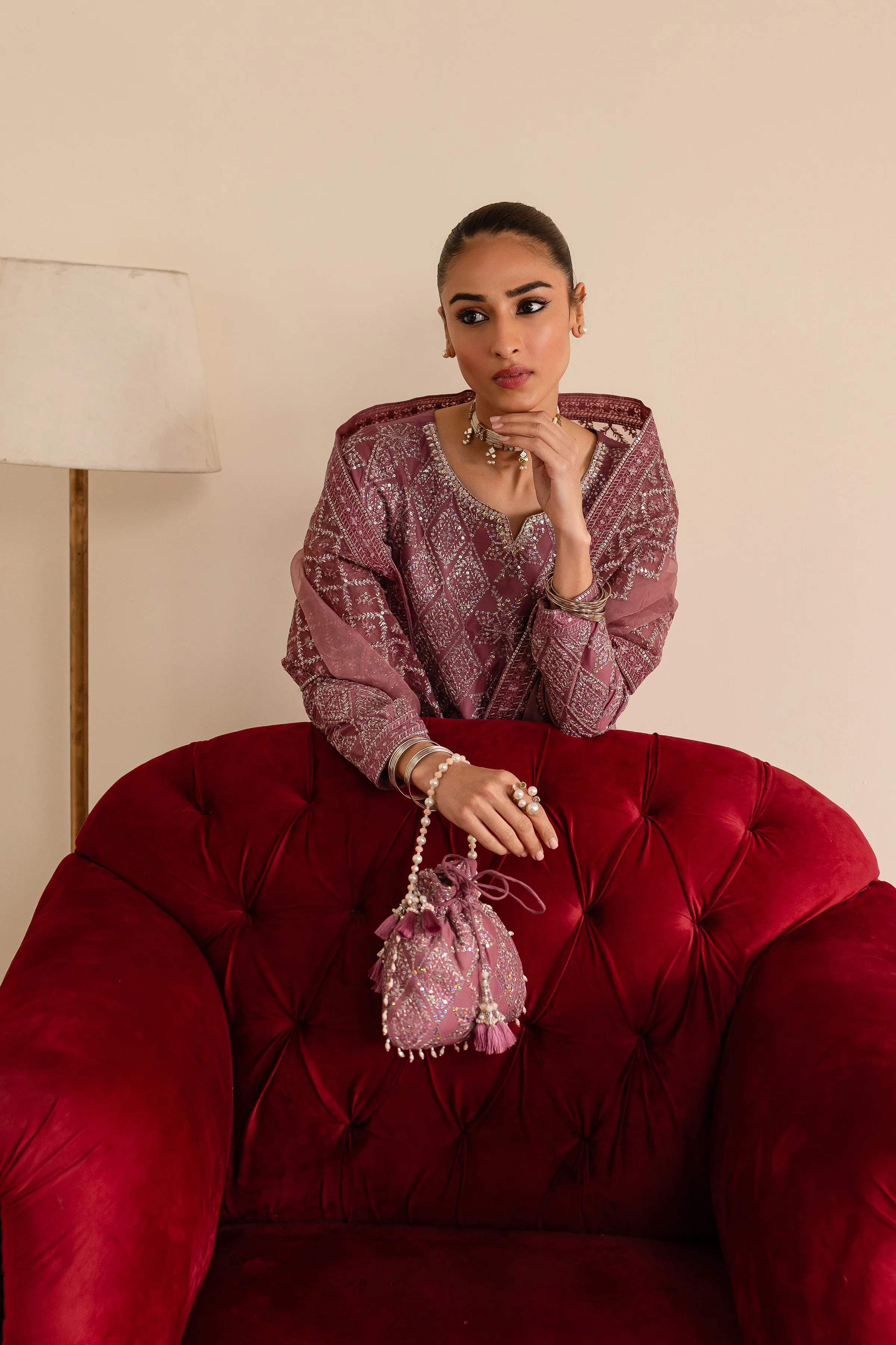 Blush Mauve 3Pc - Embroidered Luxe Pret - Image 4