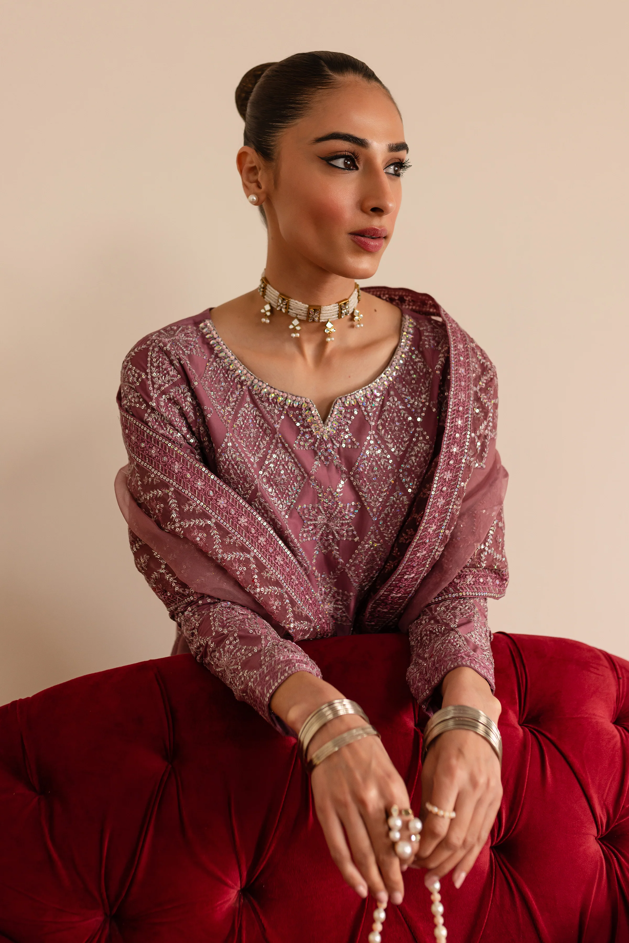 Blush Mauve 3Pc - Embroidered Luxe Pret - Image 5