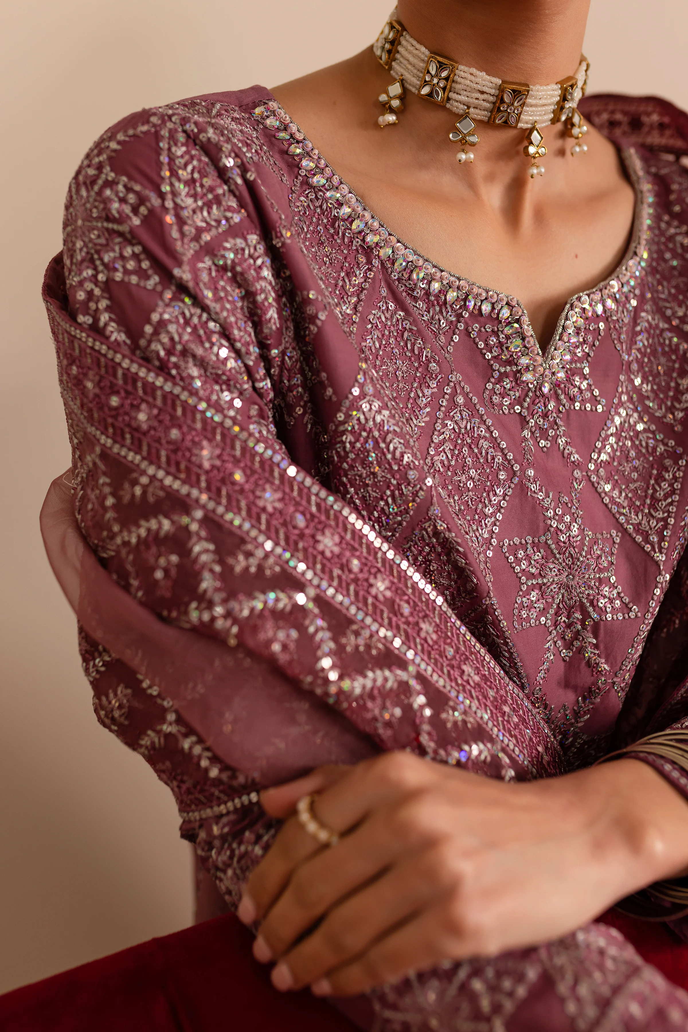 Blush Mauve 3Pc - Embroidered Luxe Pret - Image 7