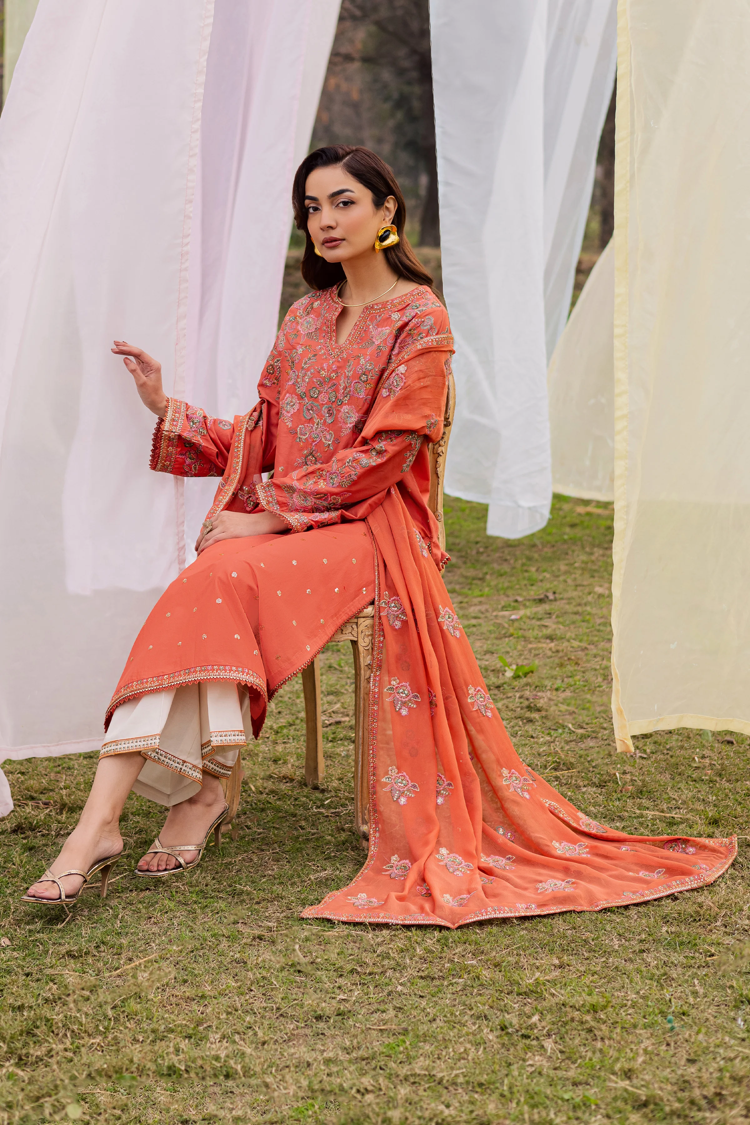 Burnt Orange 3Pc - Festive Embroidered Lawn - Image 10