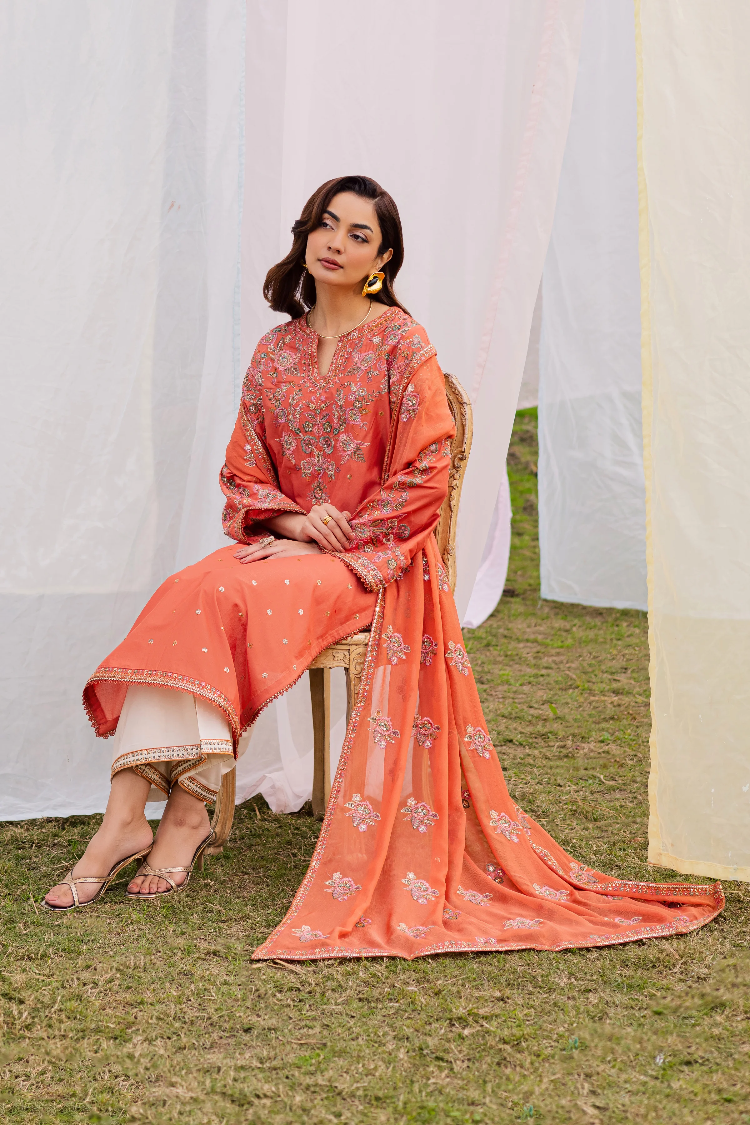 Burnt Orange 3Pc - Festive Embroidered Lawn - Image 3