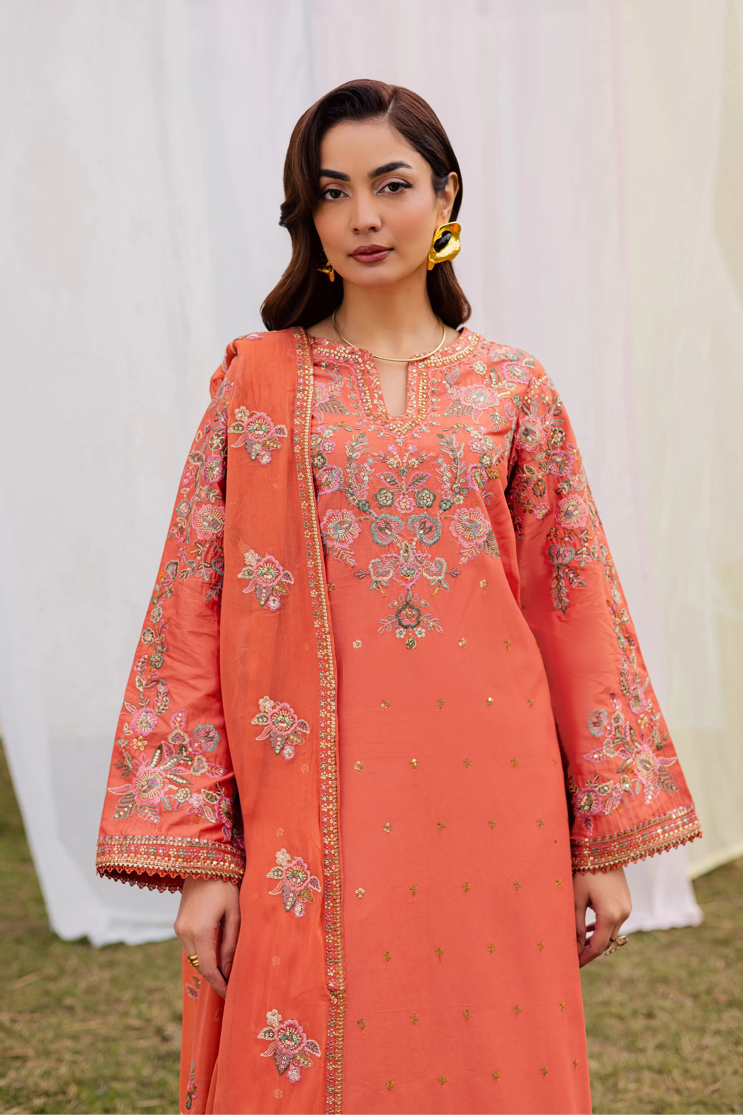 Burnt Orange 3Pc - Festive Embroidered Lawn - Image 4
