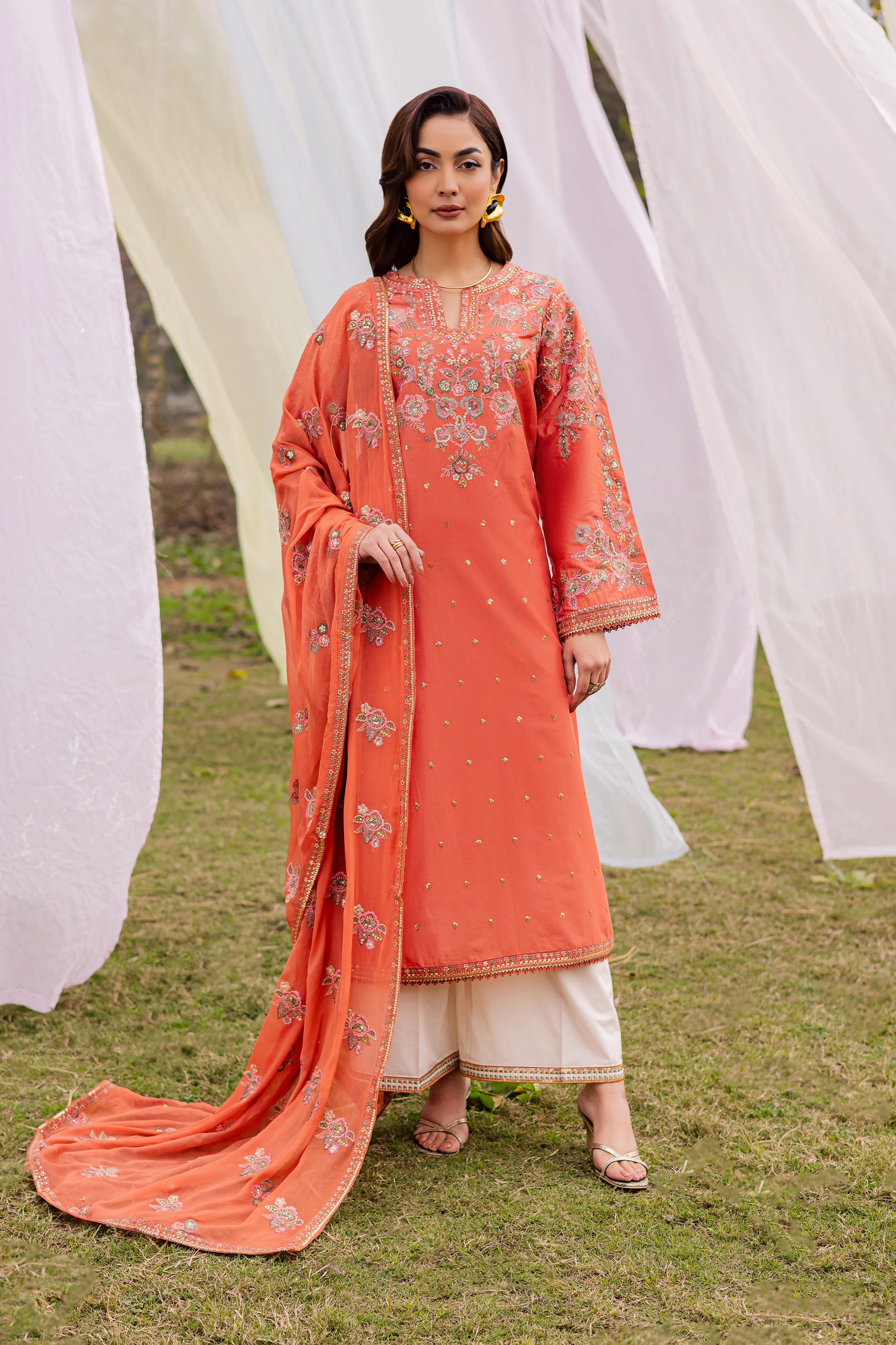 Burnt Orange 3Pc - Festive Embroidered Lawn - Image 6