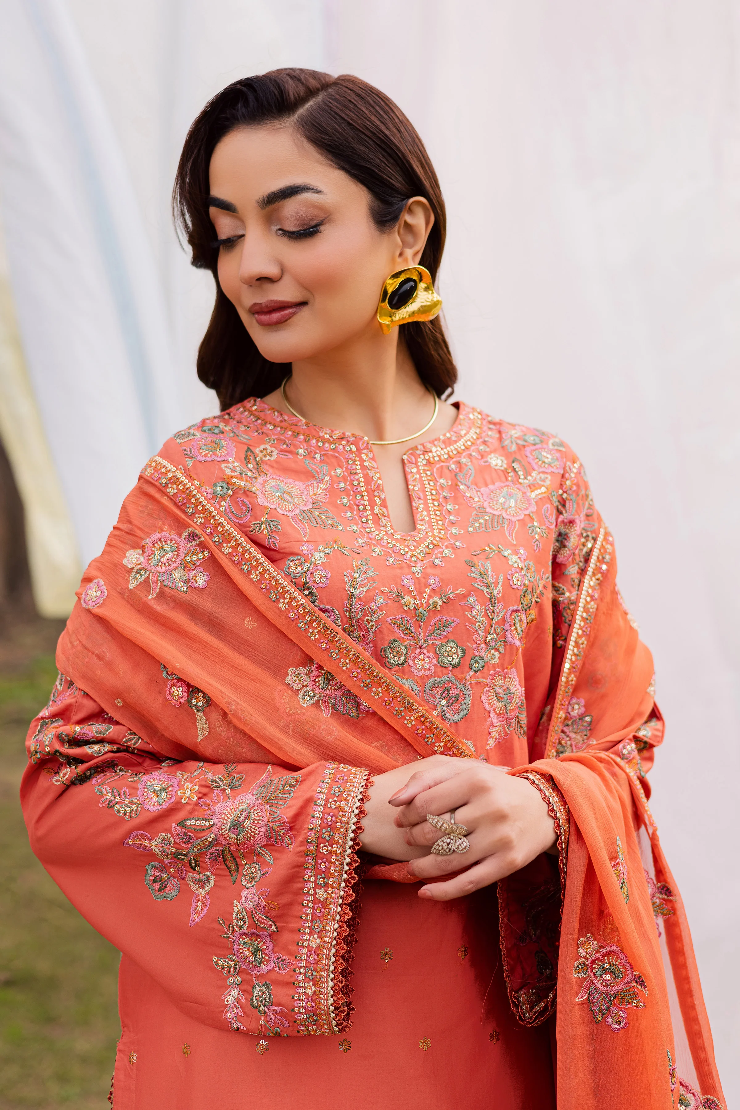 Burnt Orange 3Pc - Festive Embroidered Lawn - Image 7