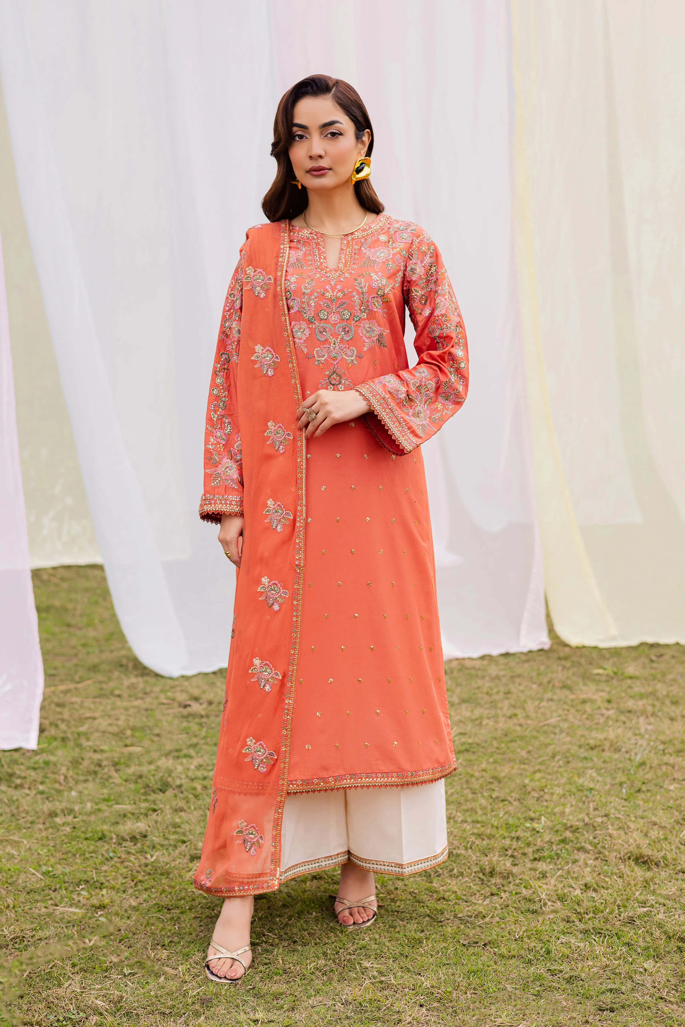Burnt Orange 3Pc - Festive Embroidered Lawn - Image 8