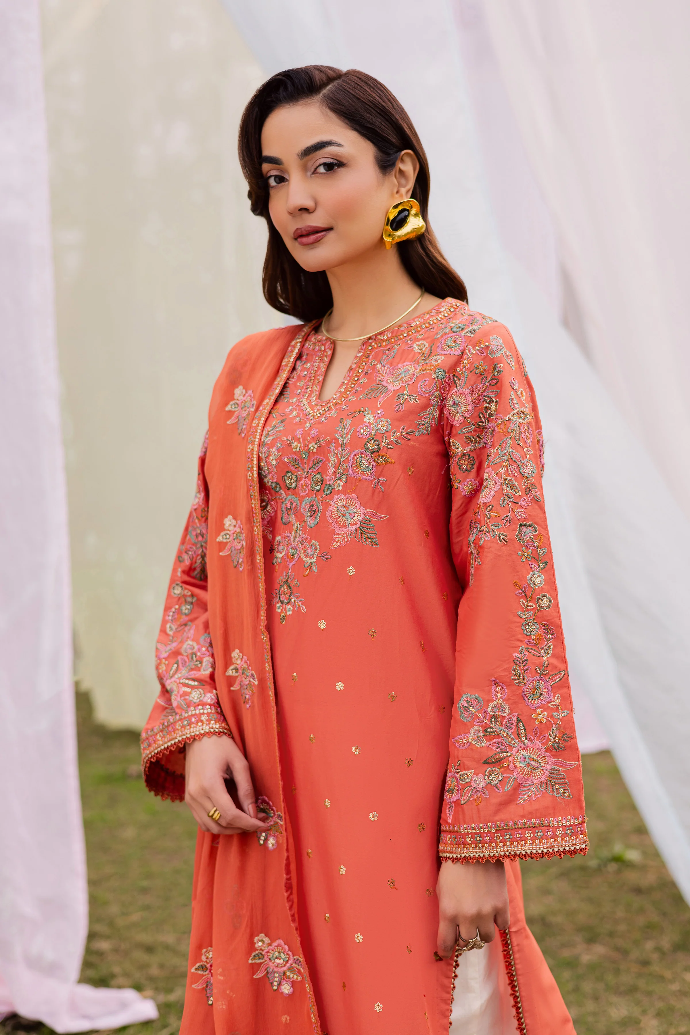 Burnt Orange 3Pc - Festive Embroidered Lawn - Image 9