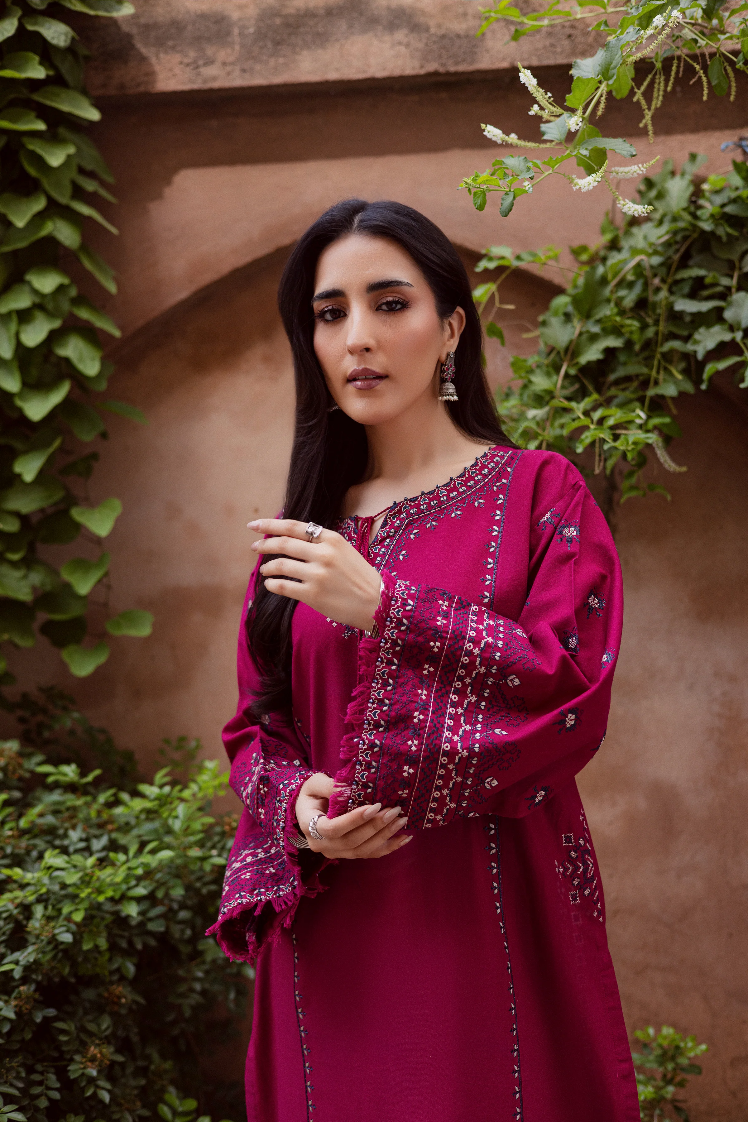 CrossWord Pink 2Pc - Embroidered Khaddar Dress - Image 2