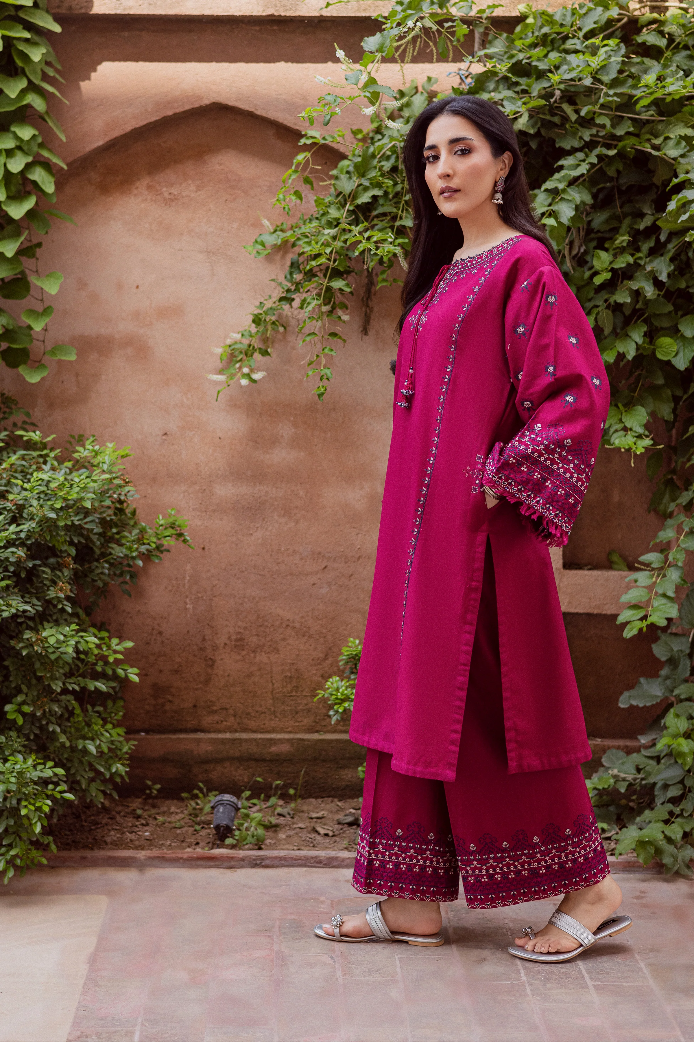 CrossWord Pink 2Pc - Embroidered Khaddar Dress - Image 4