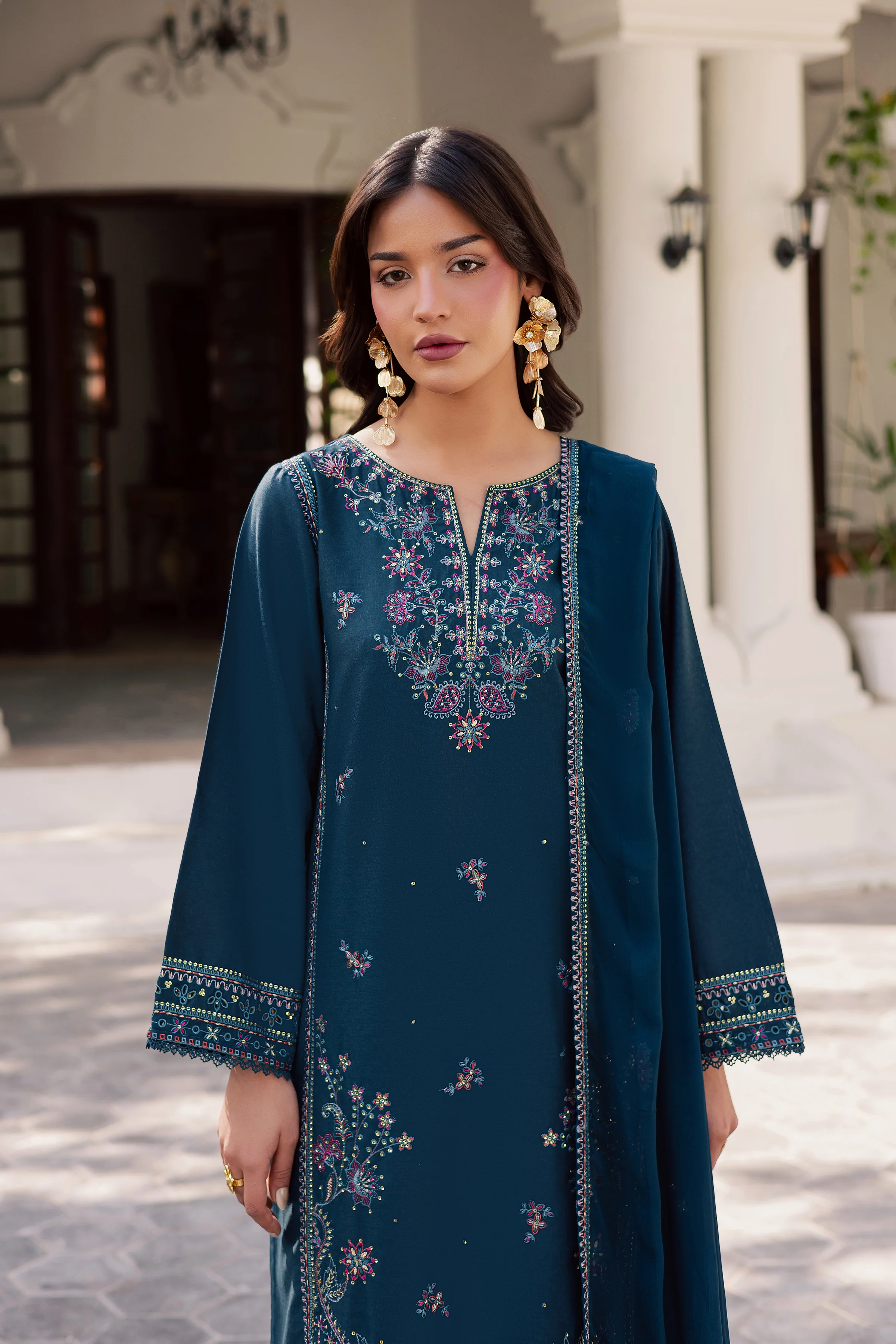 Dark Aqua 3Pc - Embroidered Karandi Dress - Image 2
