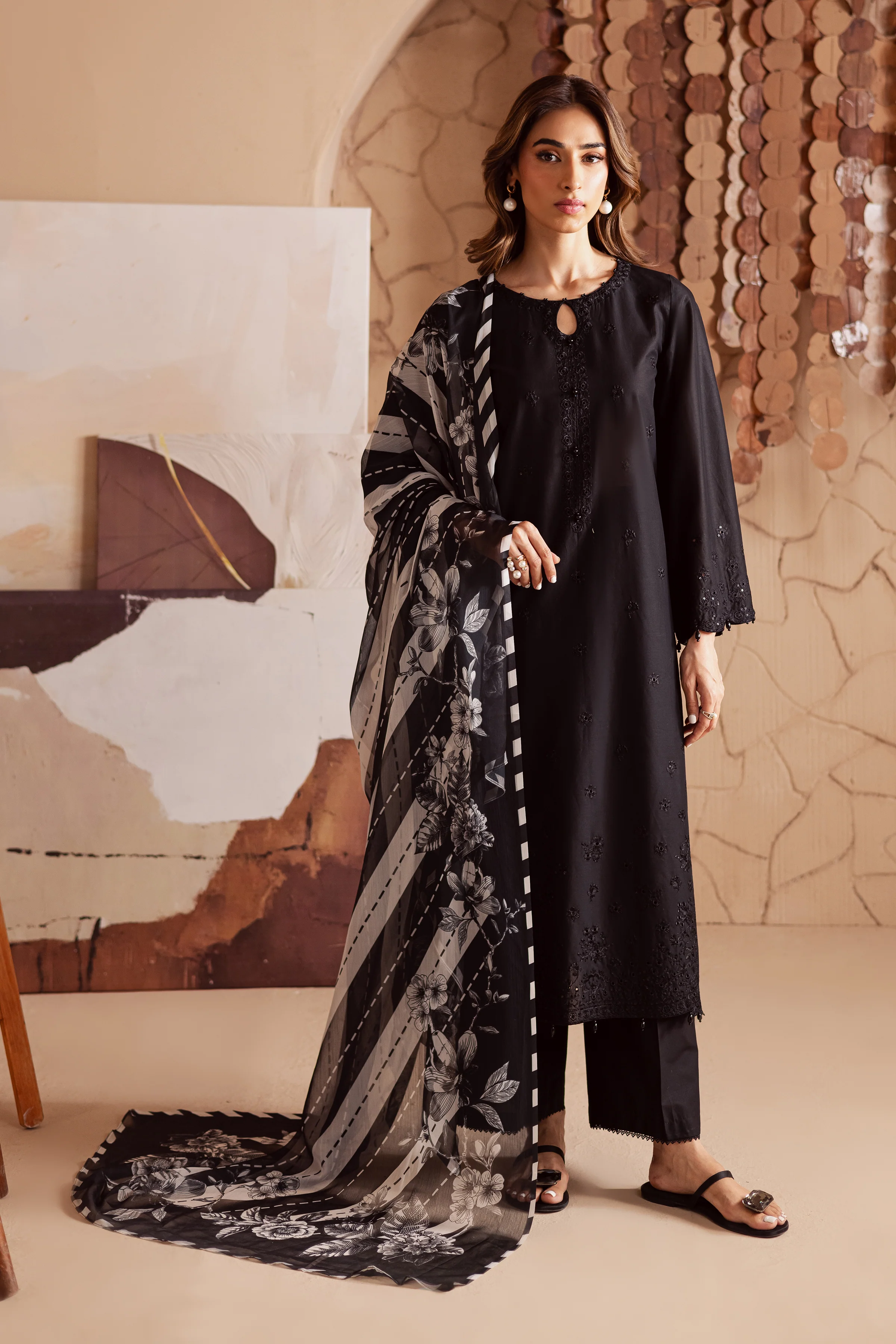 Dark Night 3Pc - Embroidered Lawn Dress