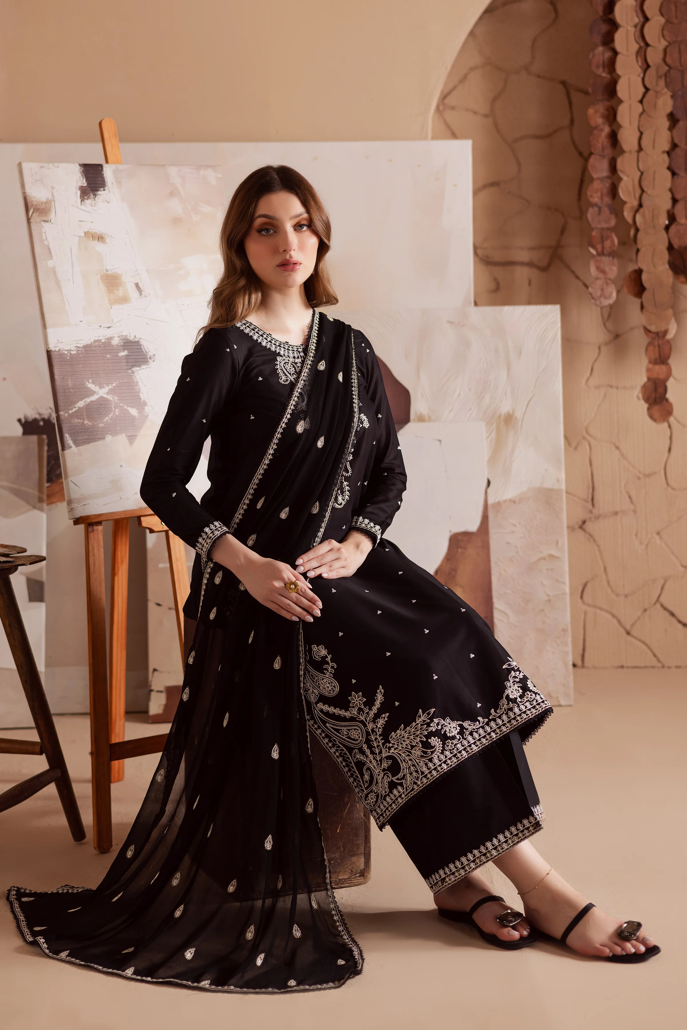Deep Black 3Pc - Embroidered Lawn Dress - Image 4