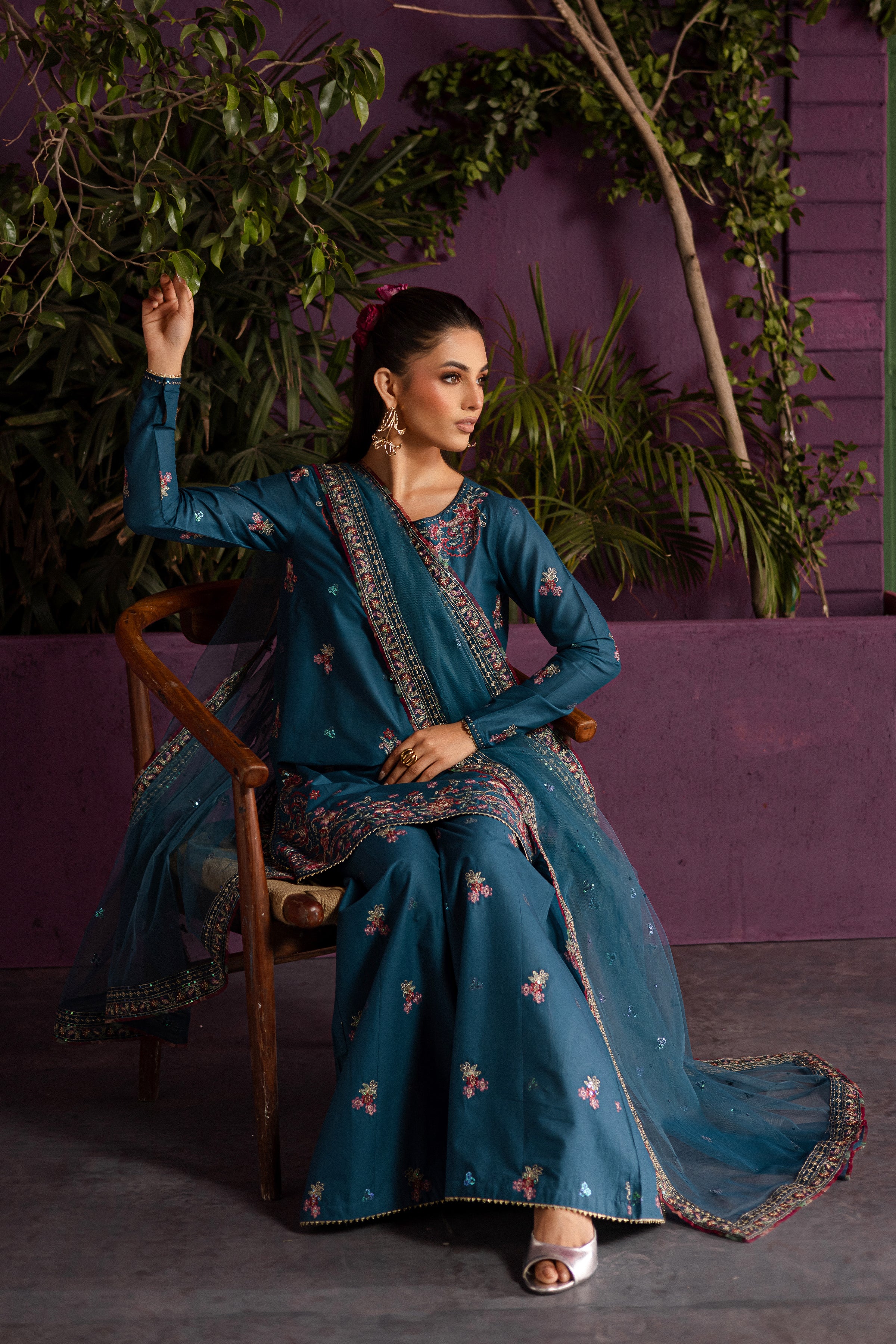 Eshmaal 3Pc - Embroidered Solid Dress - Image 5