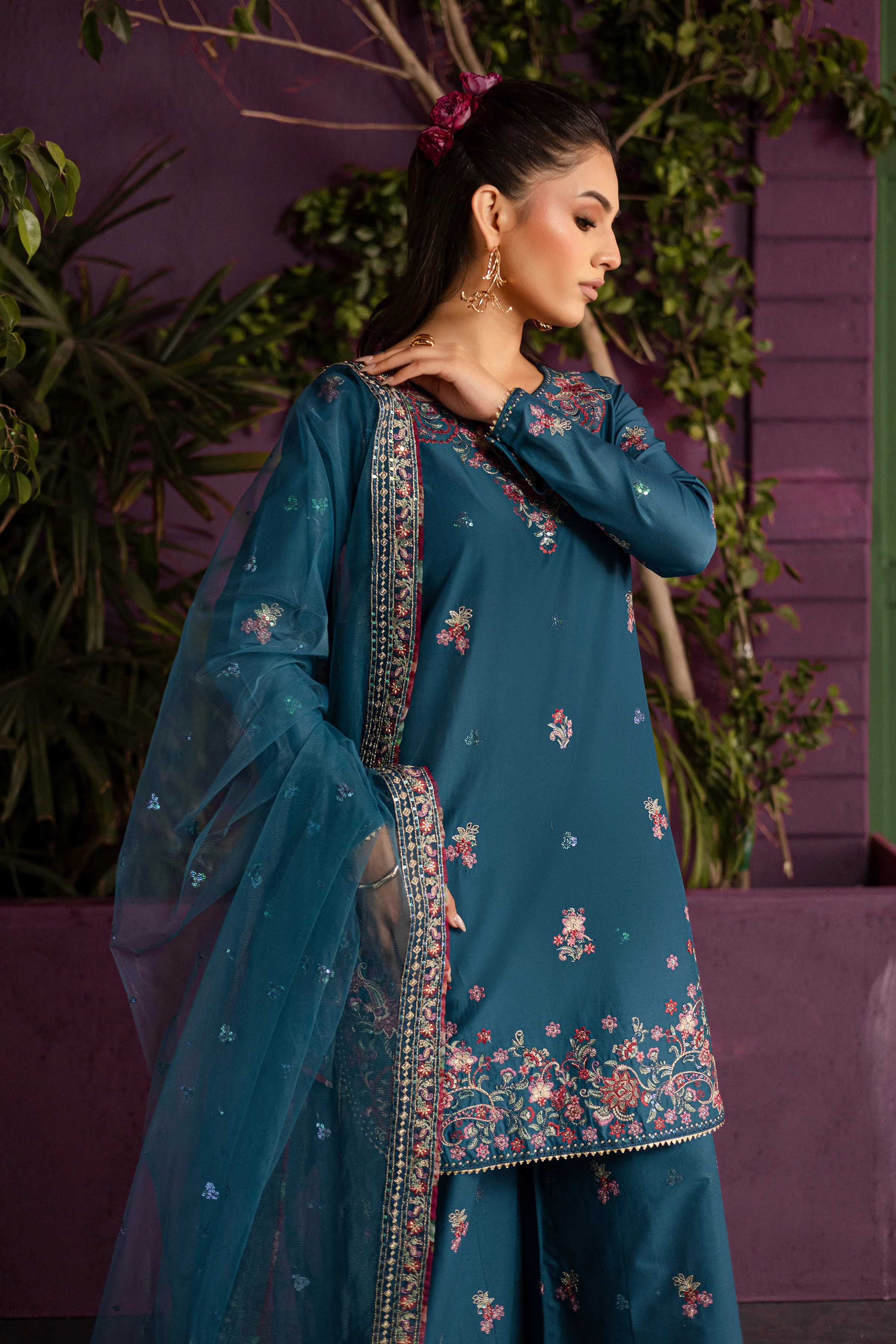 Eshmaal 3Pc - Embroidered Solid Dress - Image 7