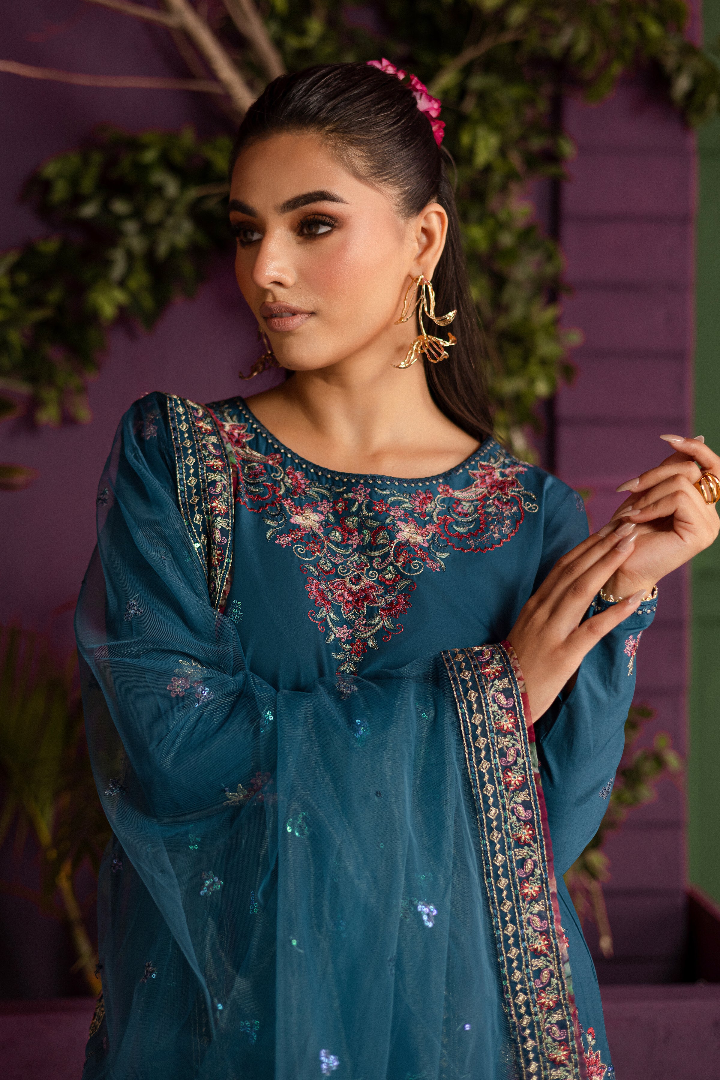 Eshmaal 3Pc - Embroidered Solid Dress - Image 8