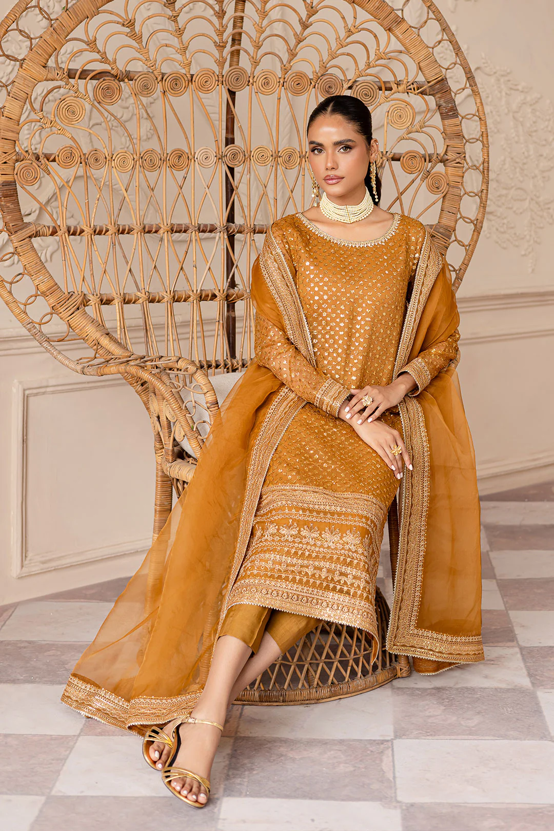 Ezra Mustard 3Pc - Embroidered Luxe Pret6 - Image 4