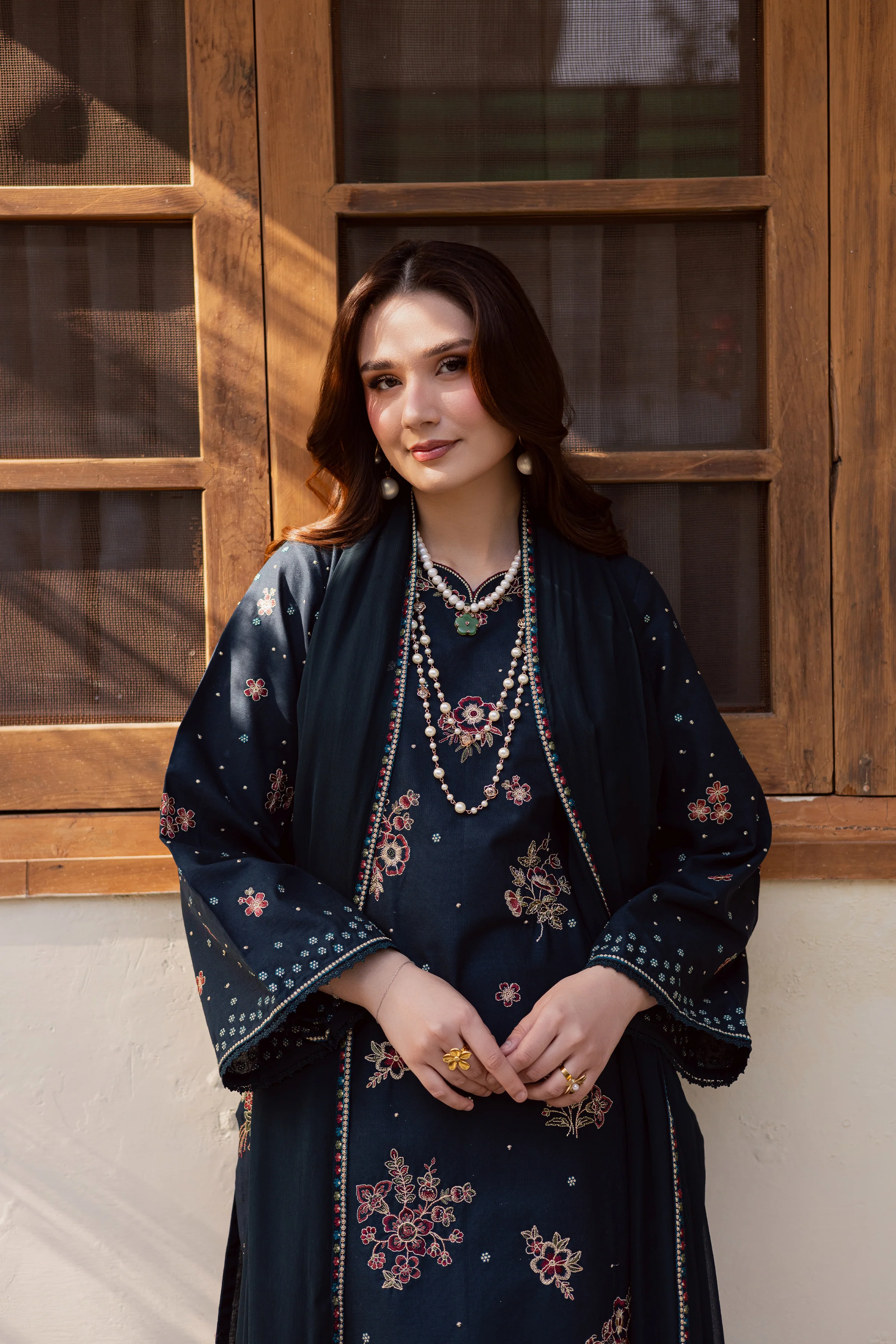 Gold Ocean 3Pc - Embroidered Khaddar Dress - Image 4