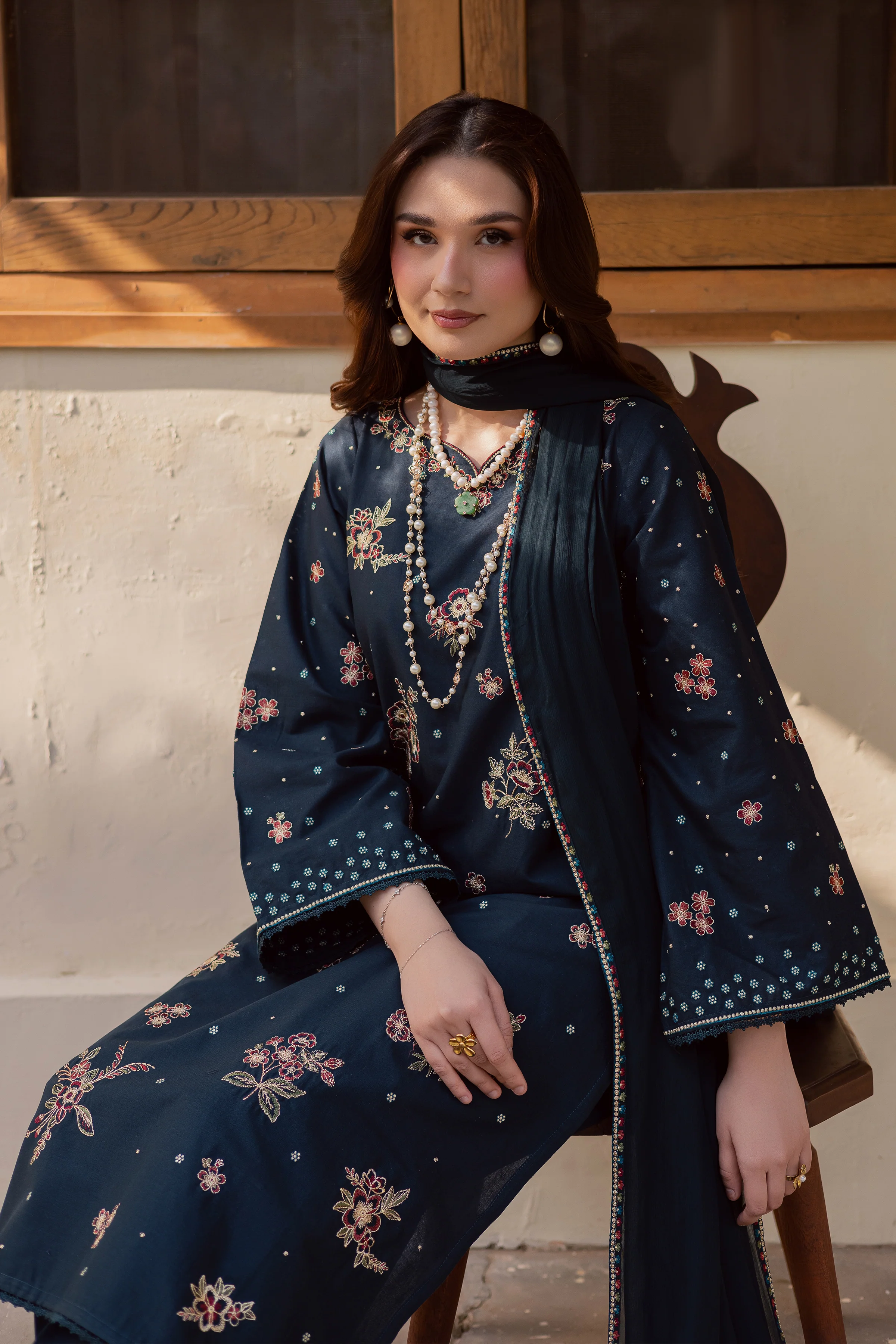 Gold Ocean 3Pc - Embroidered Khaddar Dress - Image 5