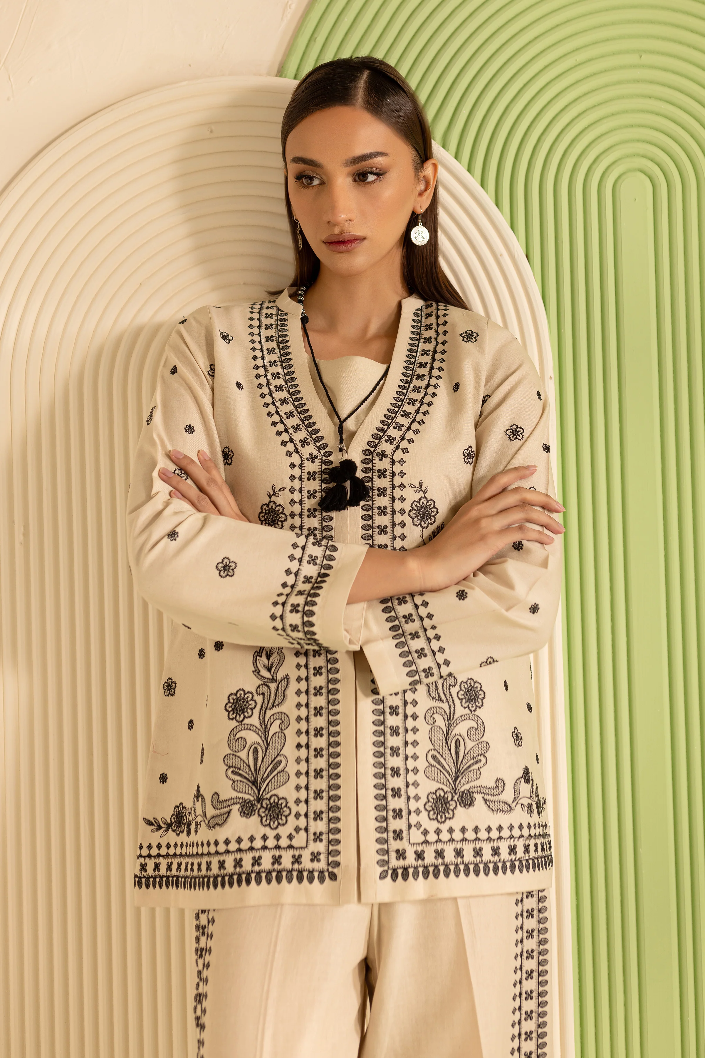Greek 3Pc - Embroidered Khaddar Dress - Image 2