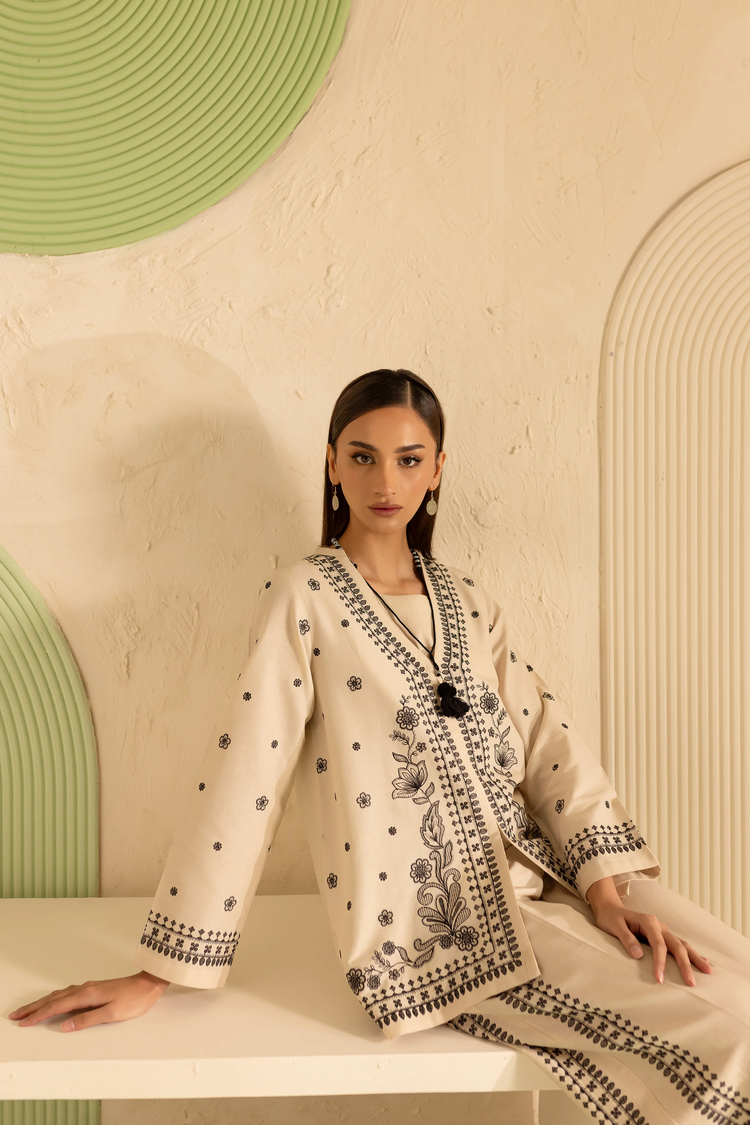 Greek 3Pc - Embroidered Khaddar Dress - Image 3
