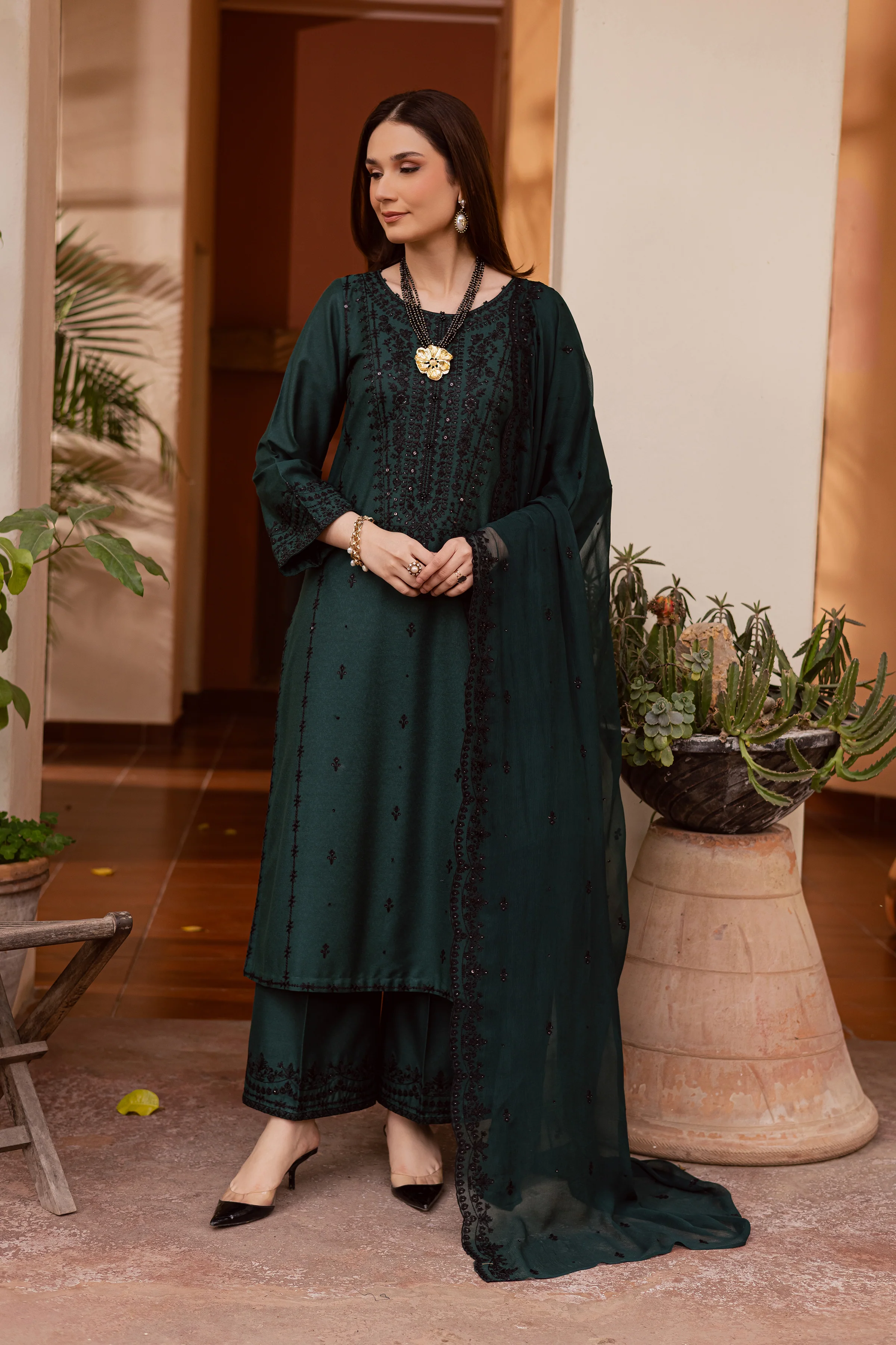 Green Lamia 3Pc - Embroidered Festive Pret - Image 3