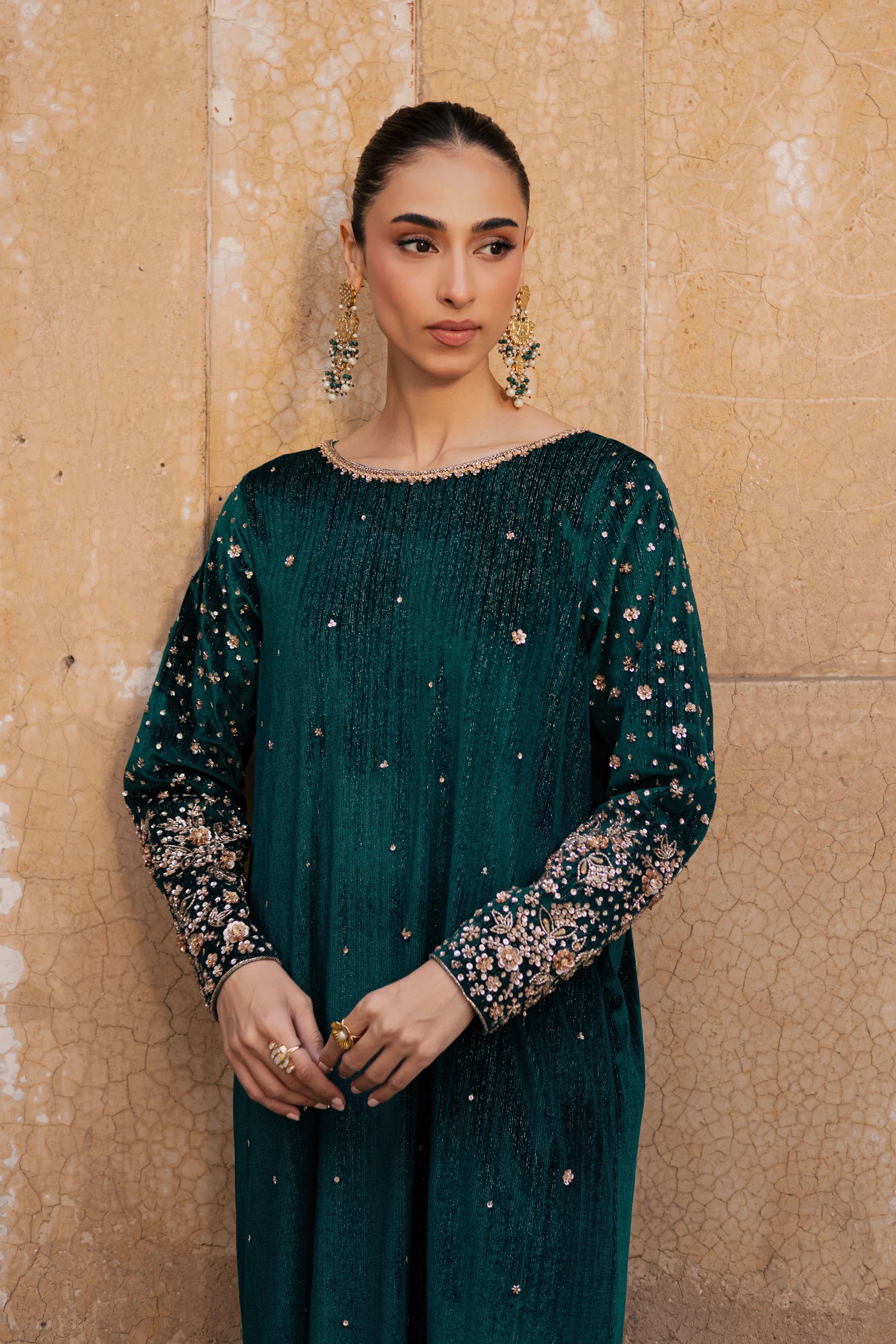 Green Mandana 2Pc - Velvet Formal Dress - Image 2