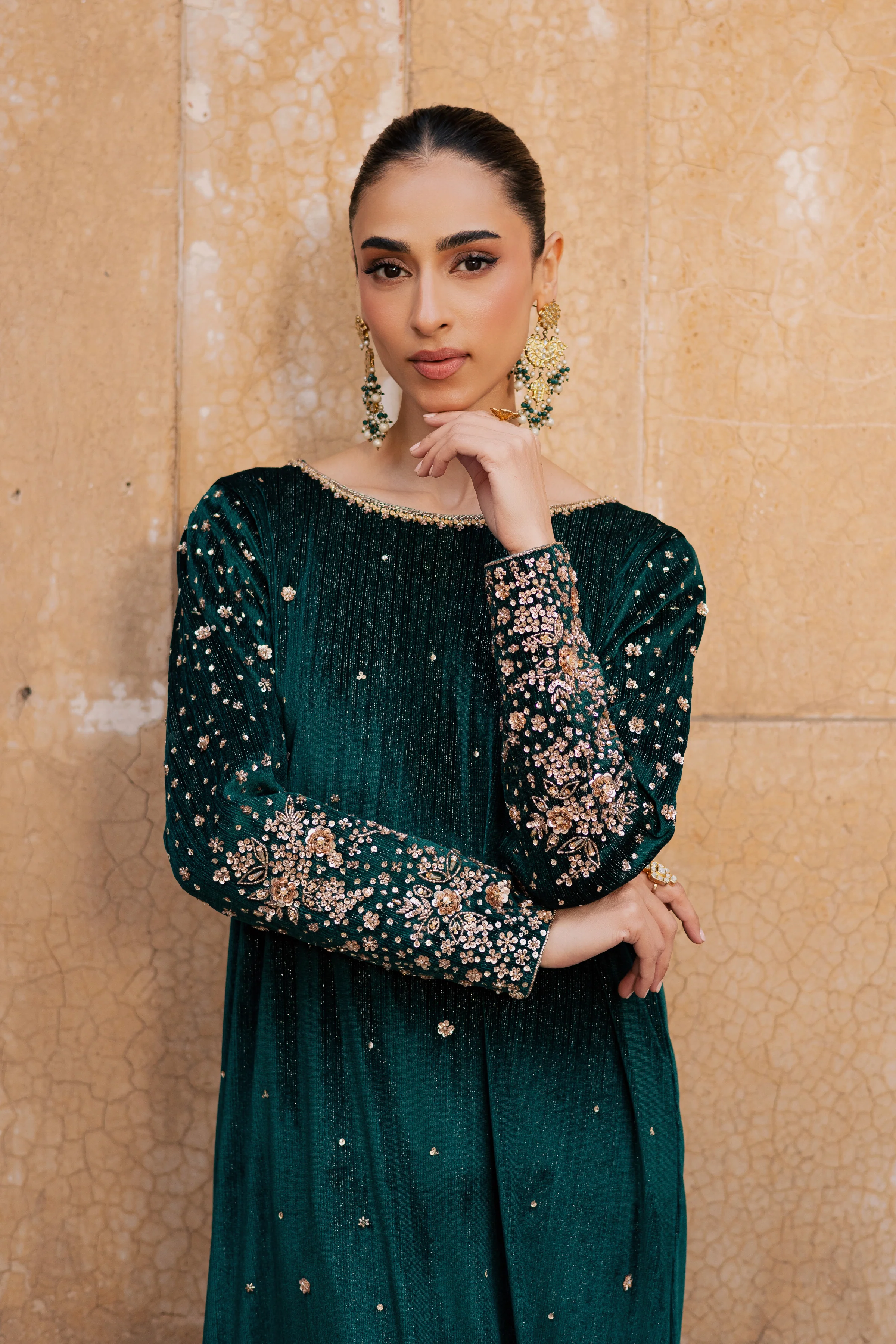 Green Mandana 2Pc - Velvet Formal Dress - Image 4