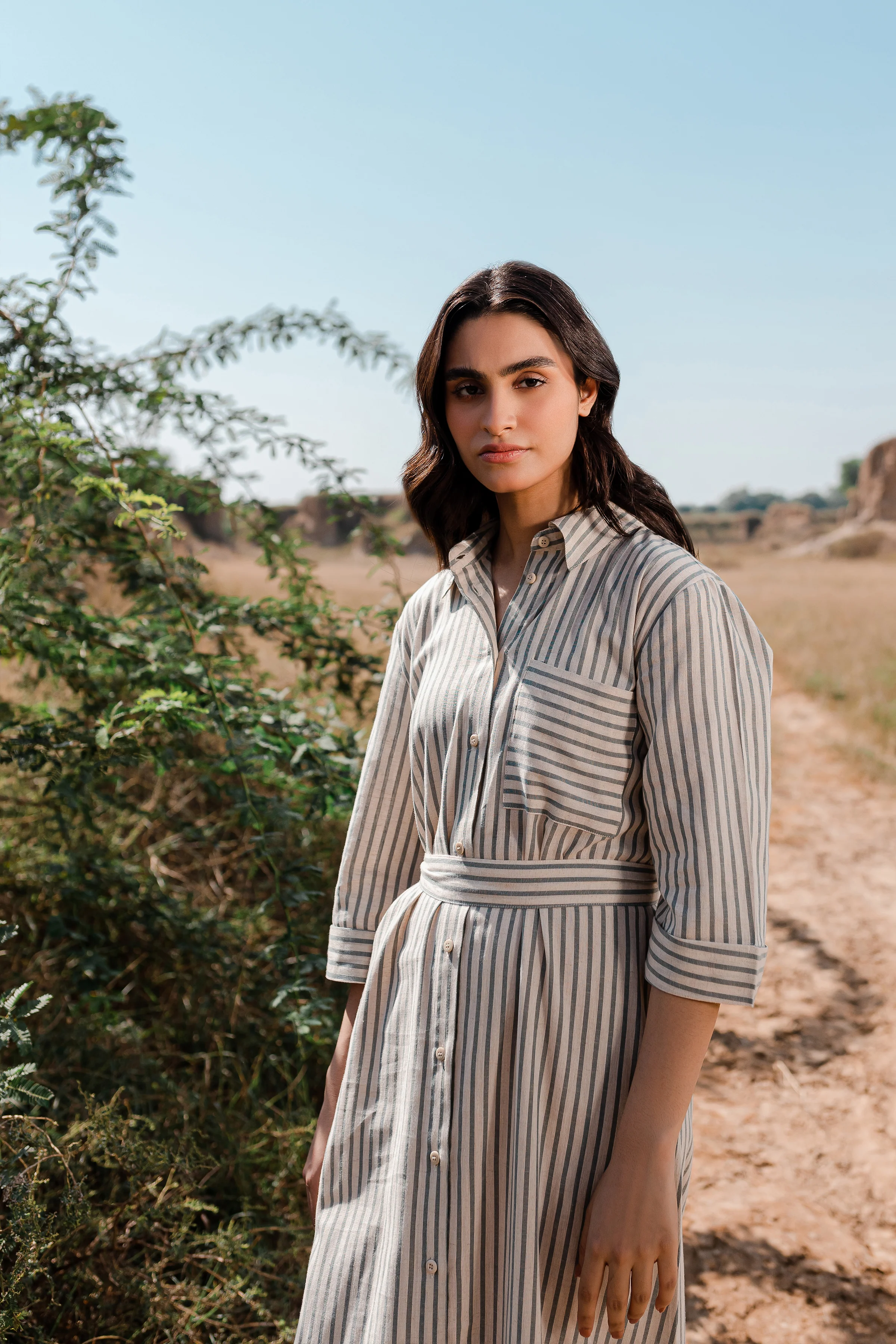 Greige Blue Stripes Button Down Dress - 1Pc - Image 10