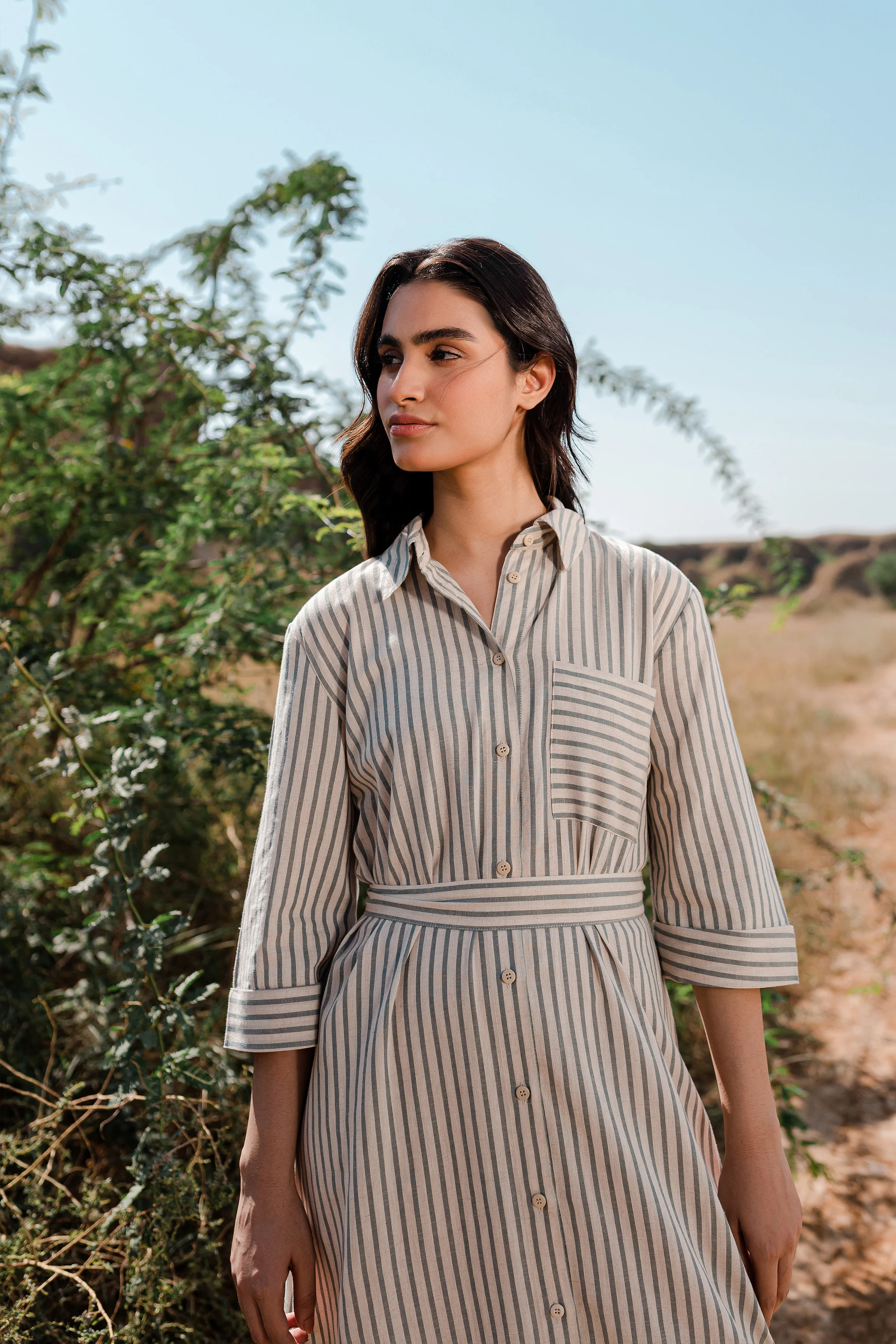 Greige Blue Stripes Button Down Dress - 1Pc - Image 13