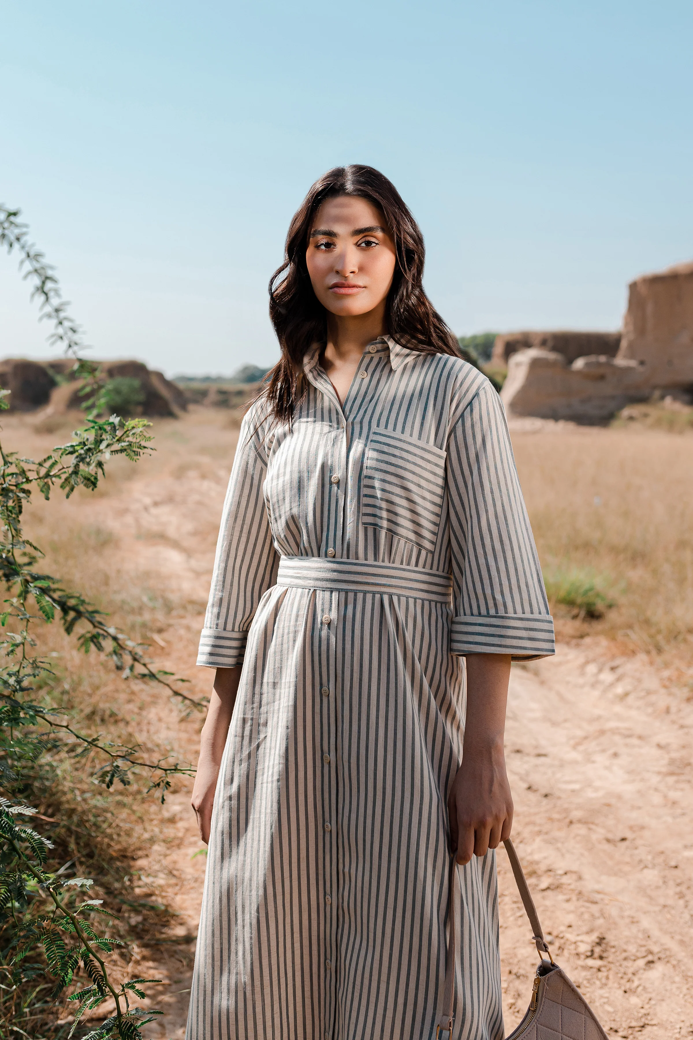 Greige Blue Stripes Button Down Dress - 1Pc - Image 14