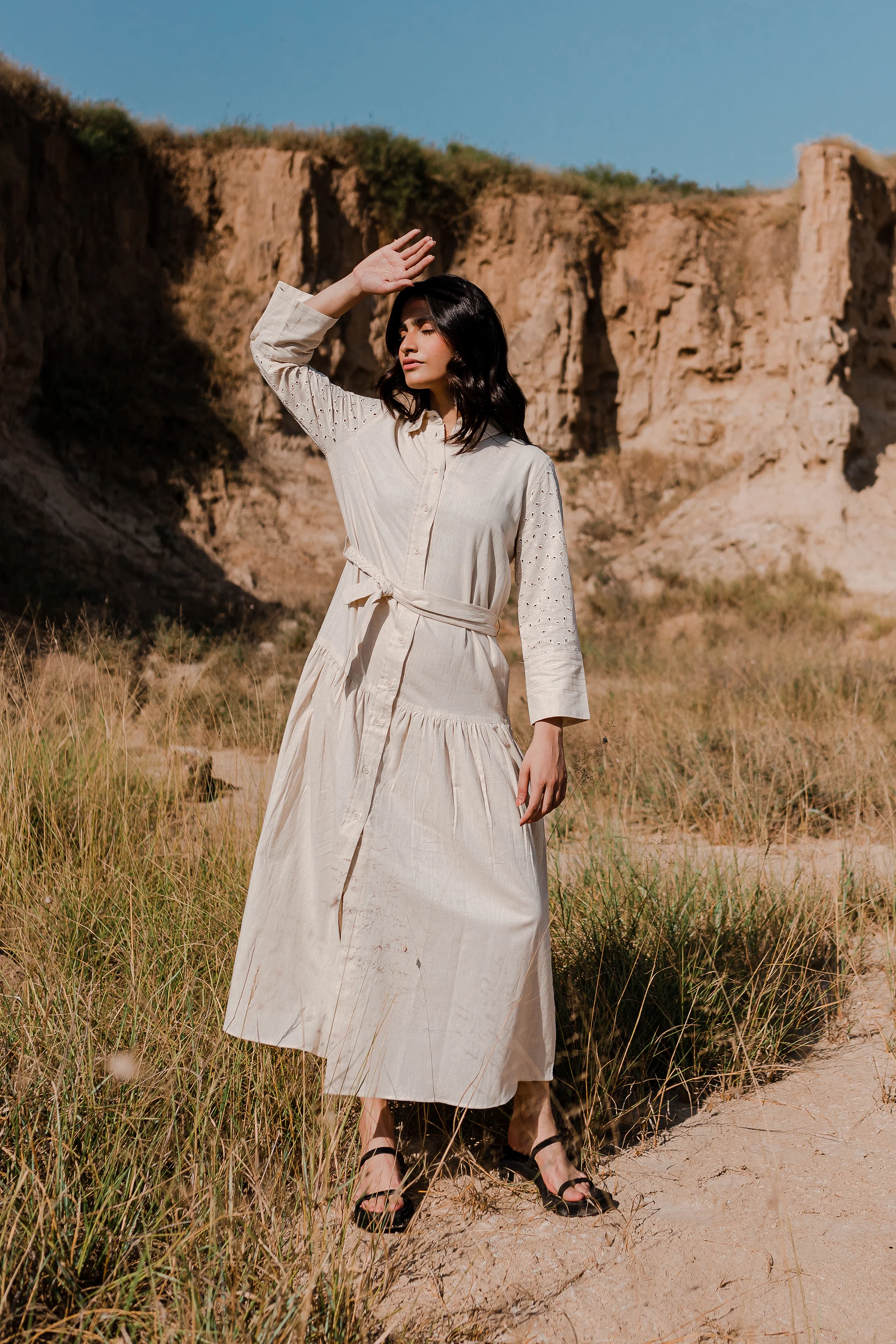 Greige Button Down Dress with Gathers - 1Pc - Image 12