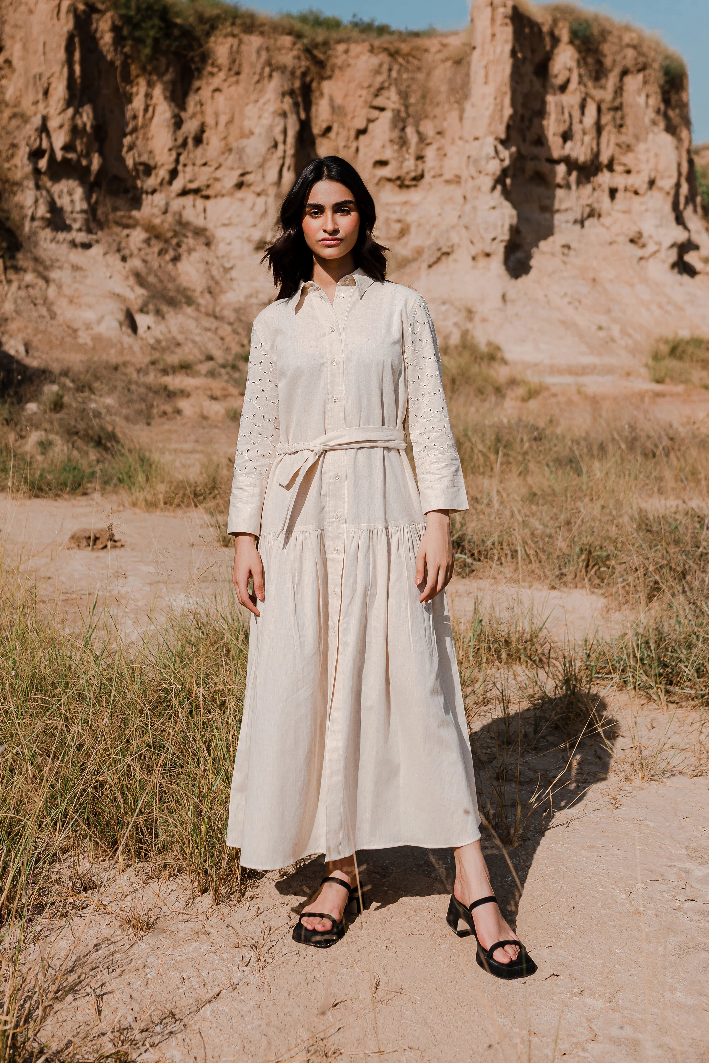 Greige Button Down Dress with Gathers - 1Pc - Image 14