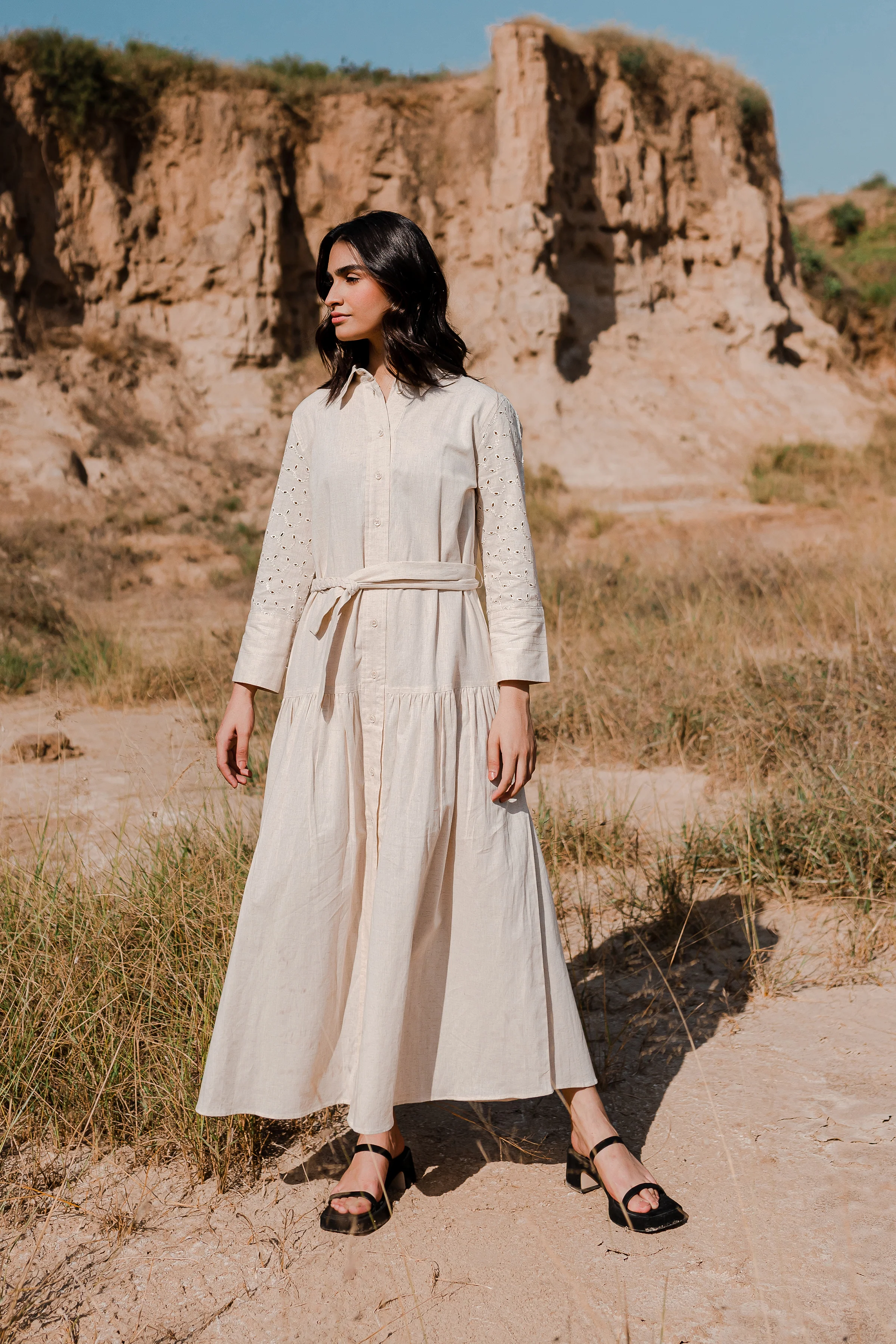 Greige Button Down Dress with Gathers - 1Pc - Image 17