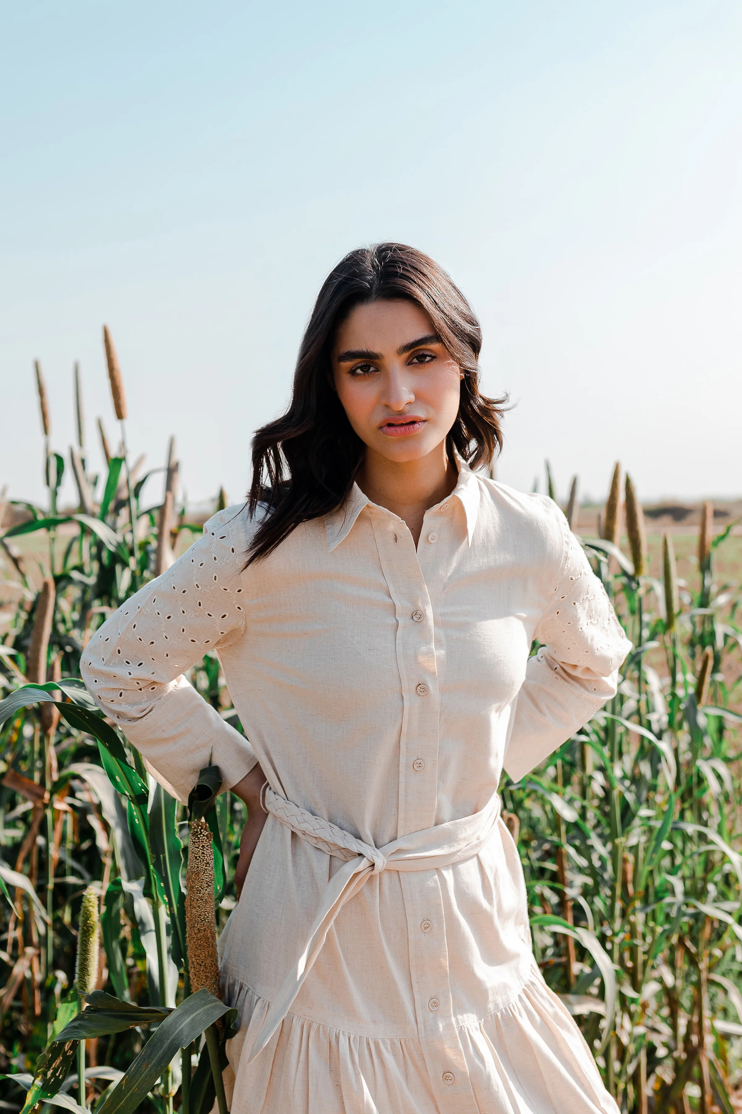 Greige Button Down Dress with Gathers - 1Pc - Image 3