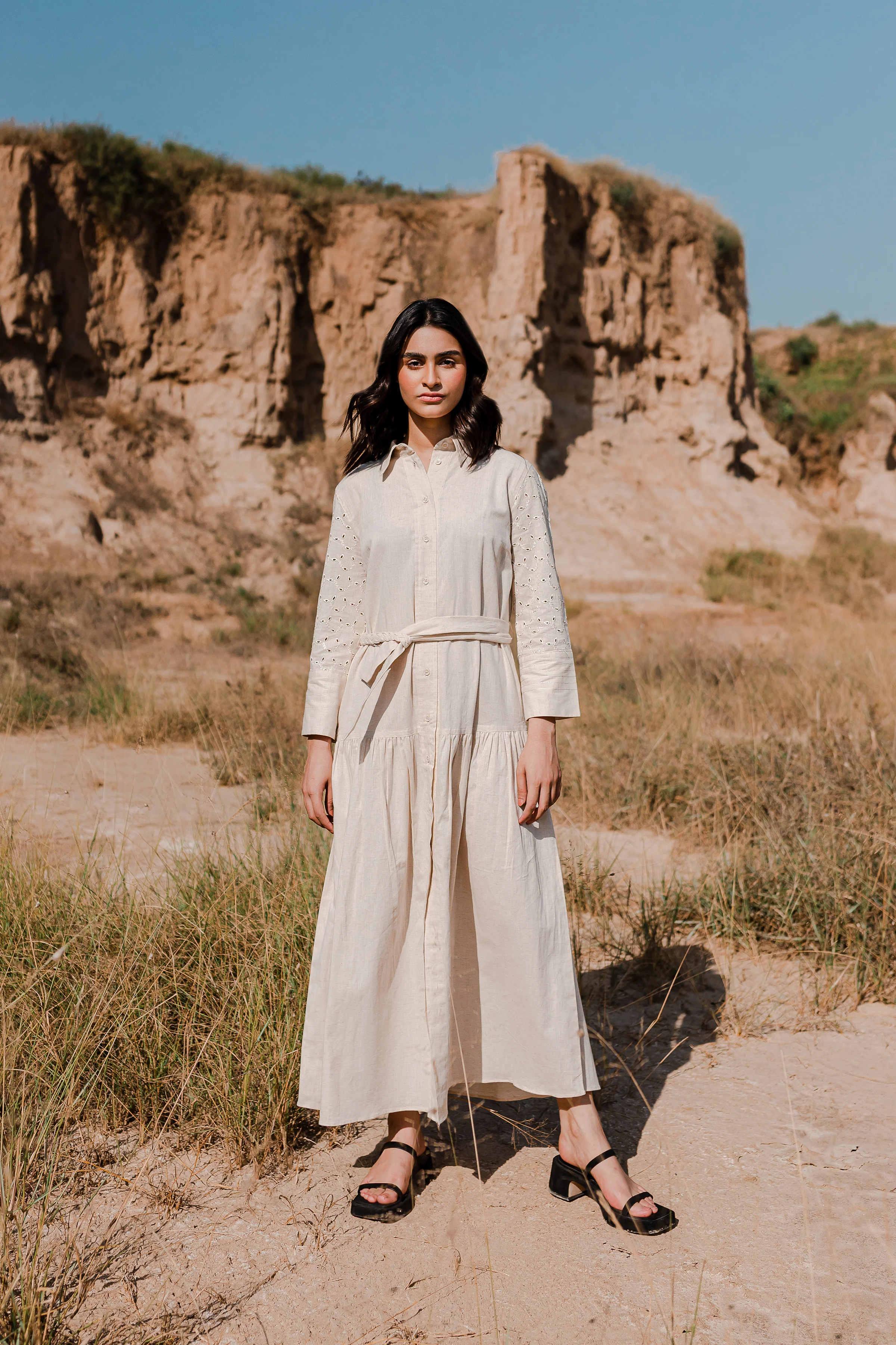 Greige Button Down Dress with Gathers - 1Pc - Image 5