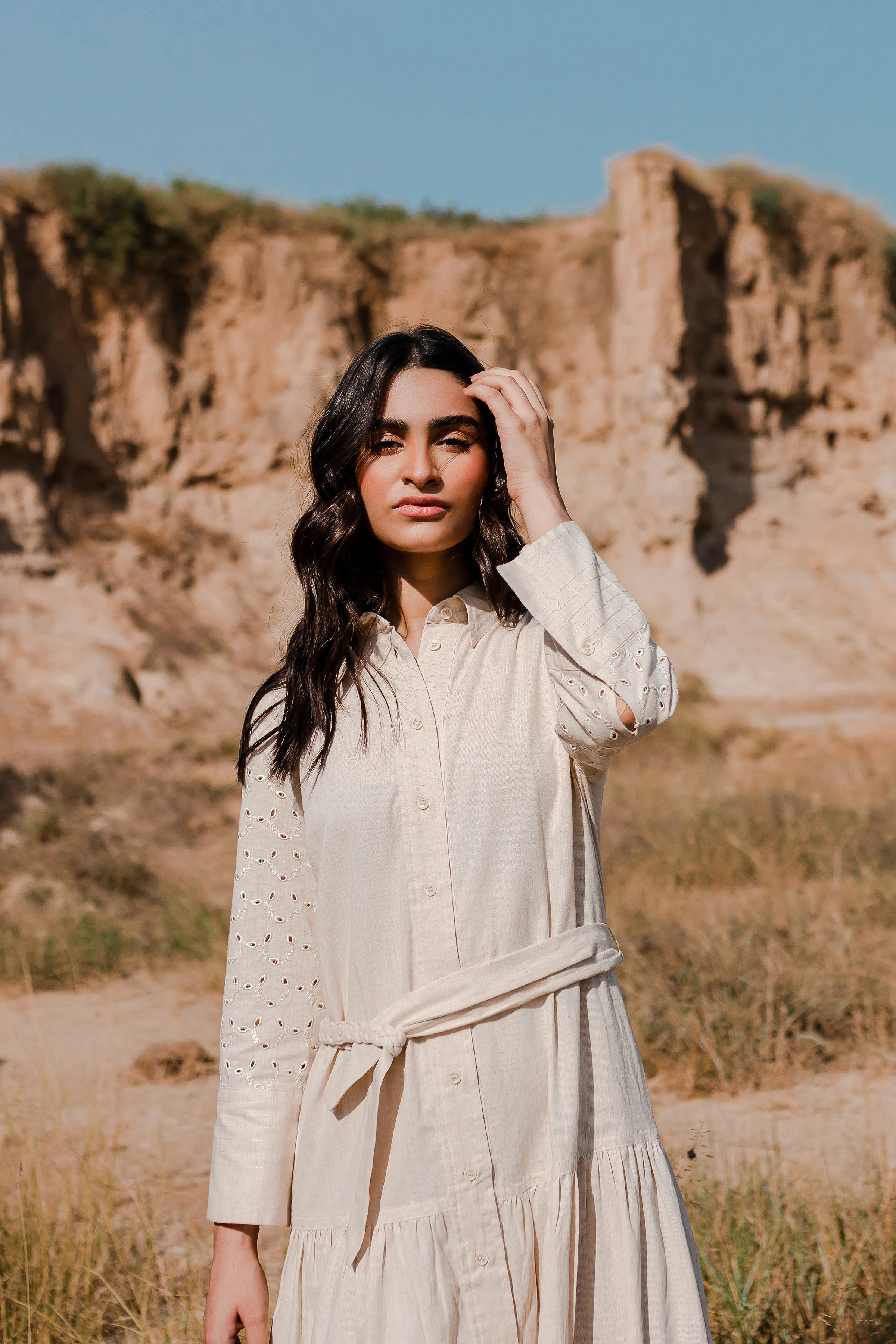 Greige Button Down Dress with Gathers - 1Pc - Image 7