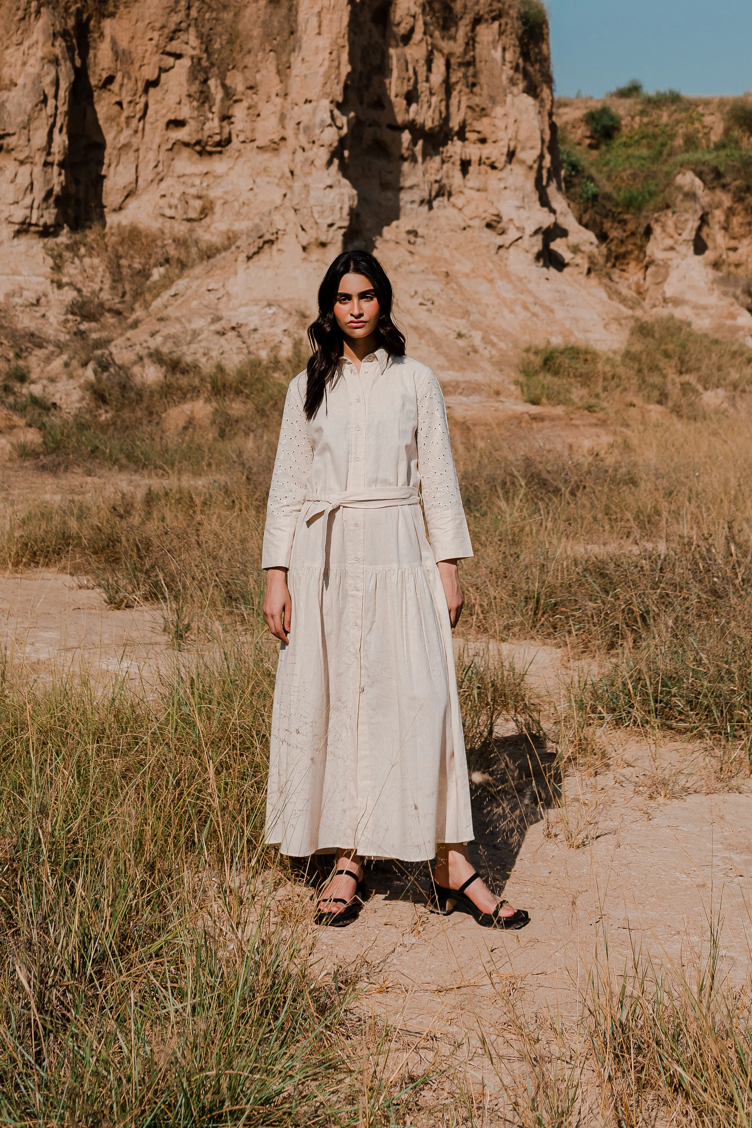 Greige Button Down Dress with Gathers - 1Pc - Image 8
