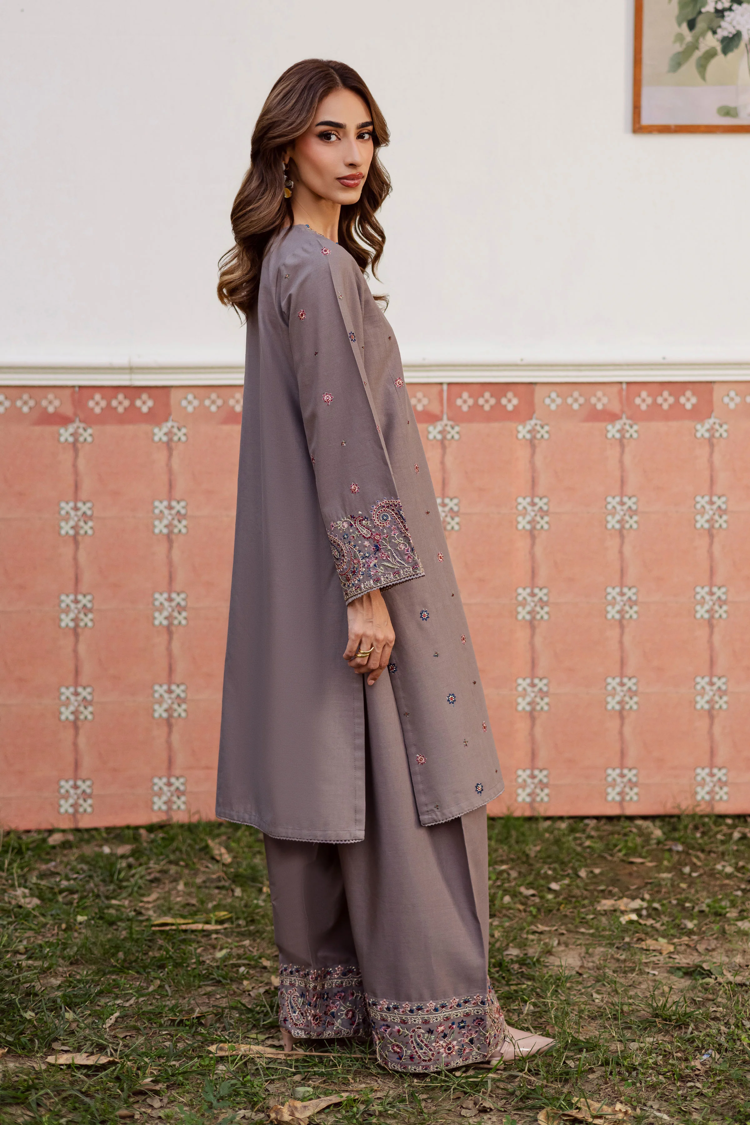 Grey Riha 2Pc - Embroidered Khaddar Dress - Image 4