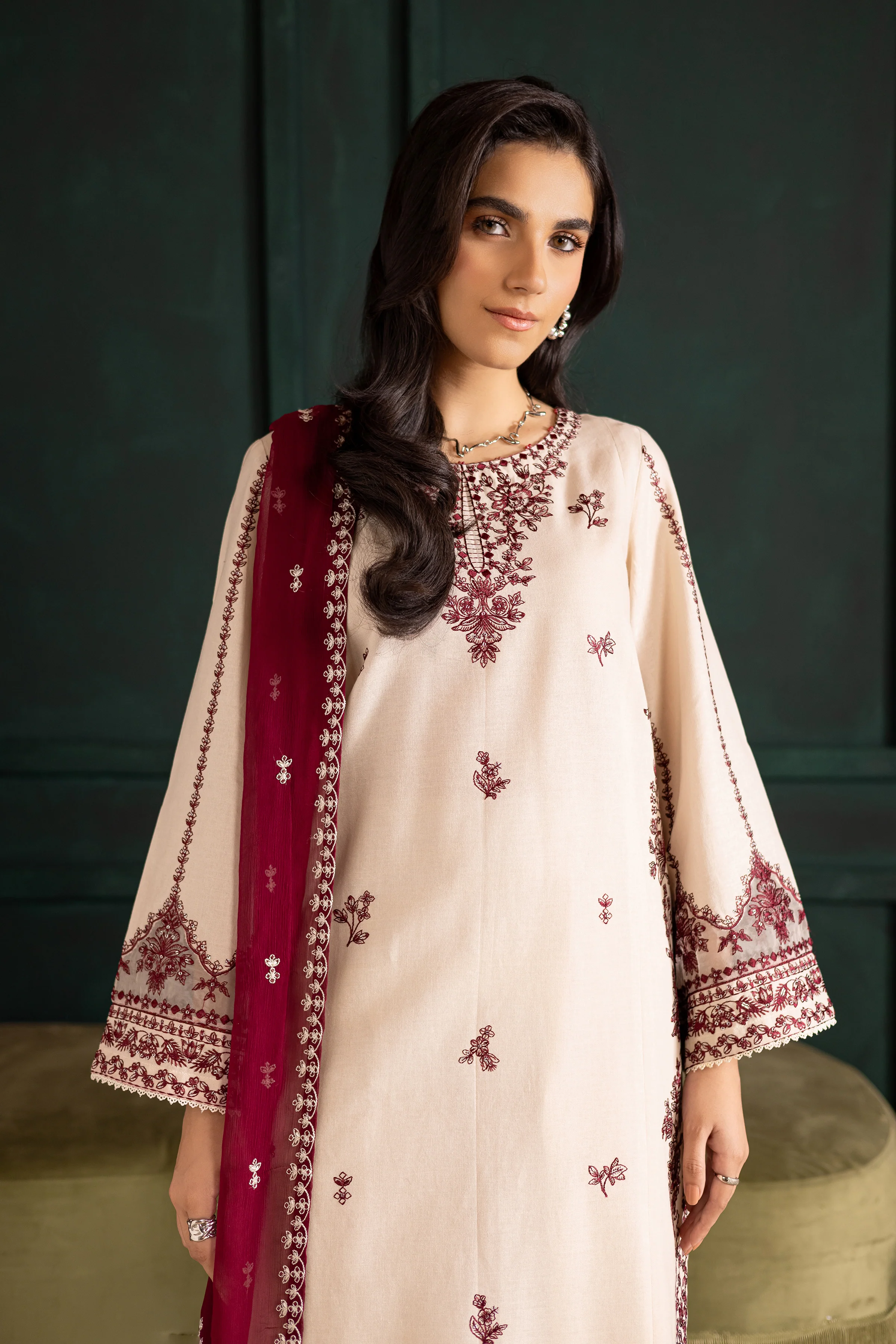 Ivory Rua 3Pc - Embroidered Khaddar Dress - Image 2