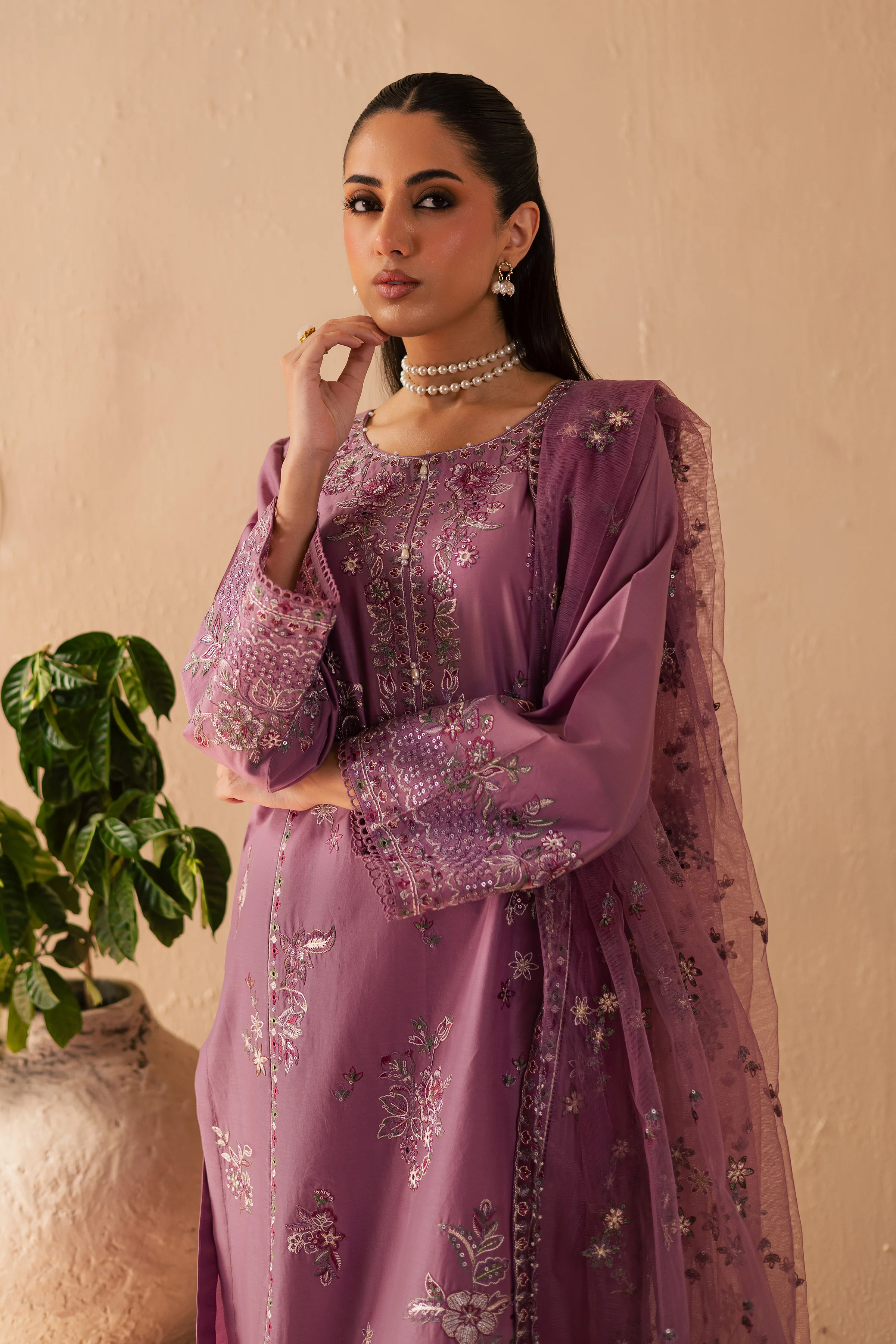Lilac Glam 3Pc - Embroidered Solid Dress - Image 3