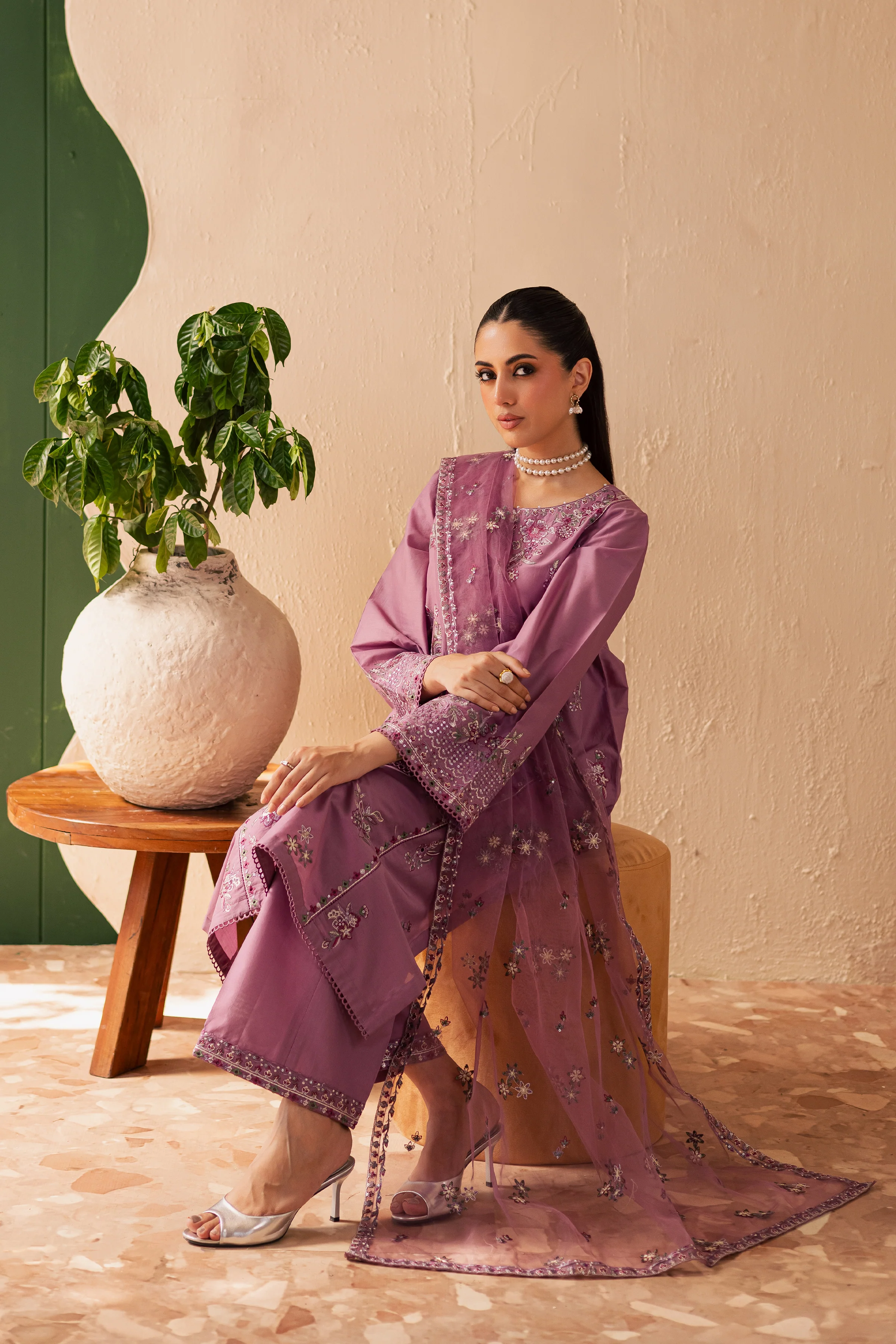 Lilac Glam 3Pc - Embroidered Solid Dress - Image 4