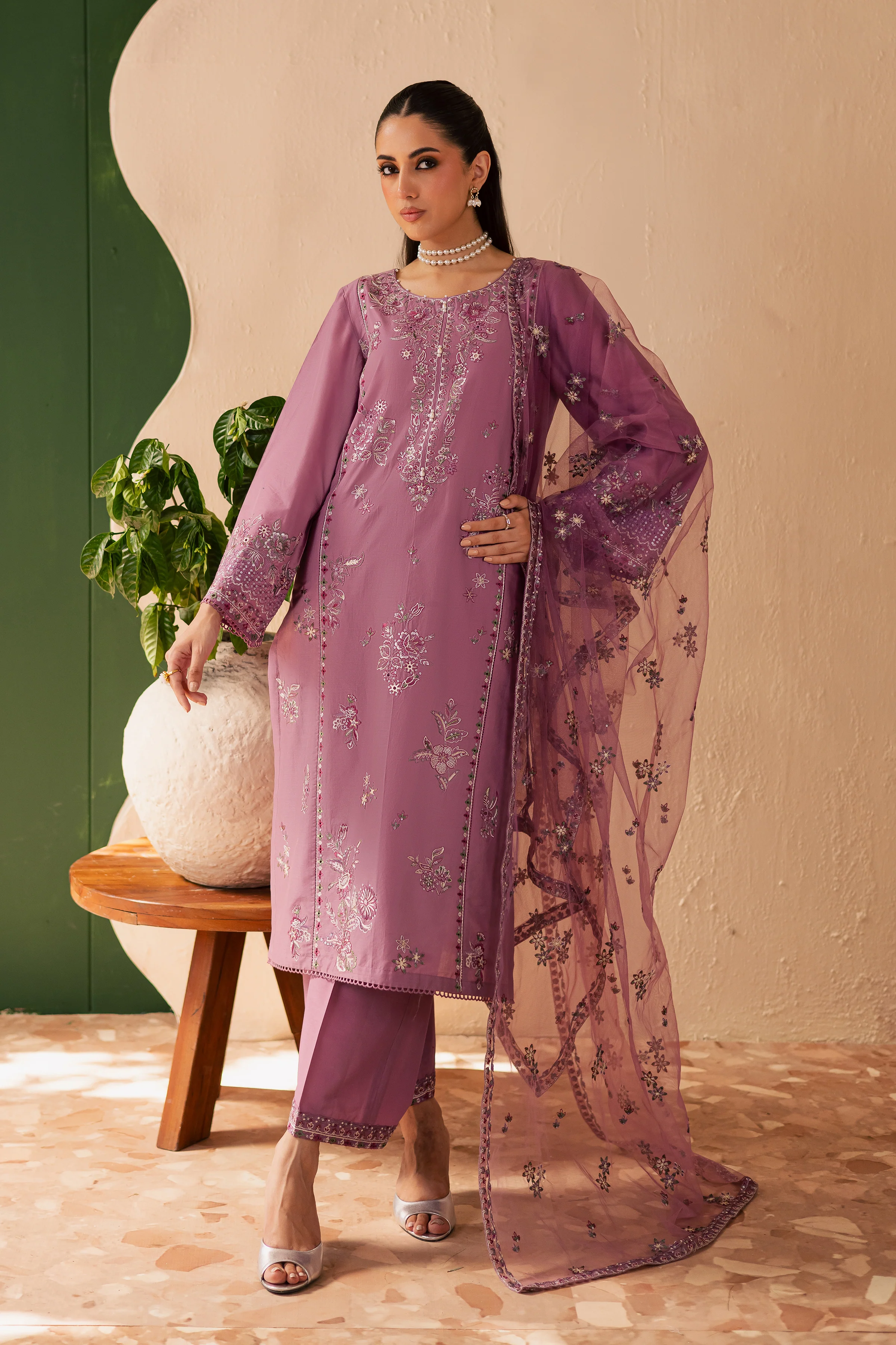 Lilac Glam 3Pc - Embroidered Solid Dress - Image 5