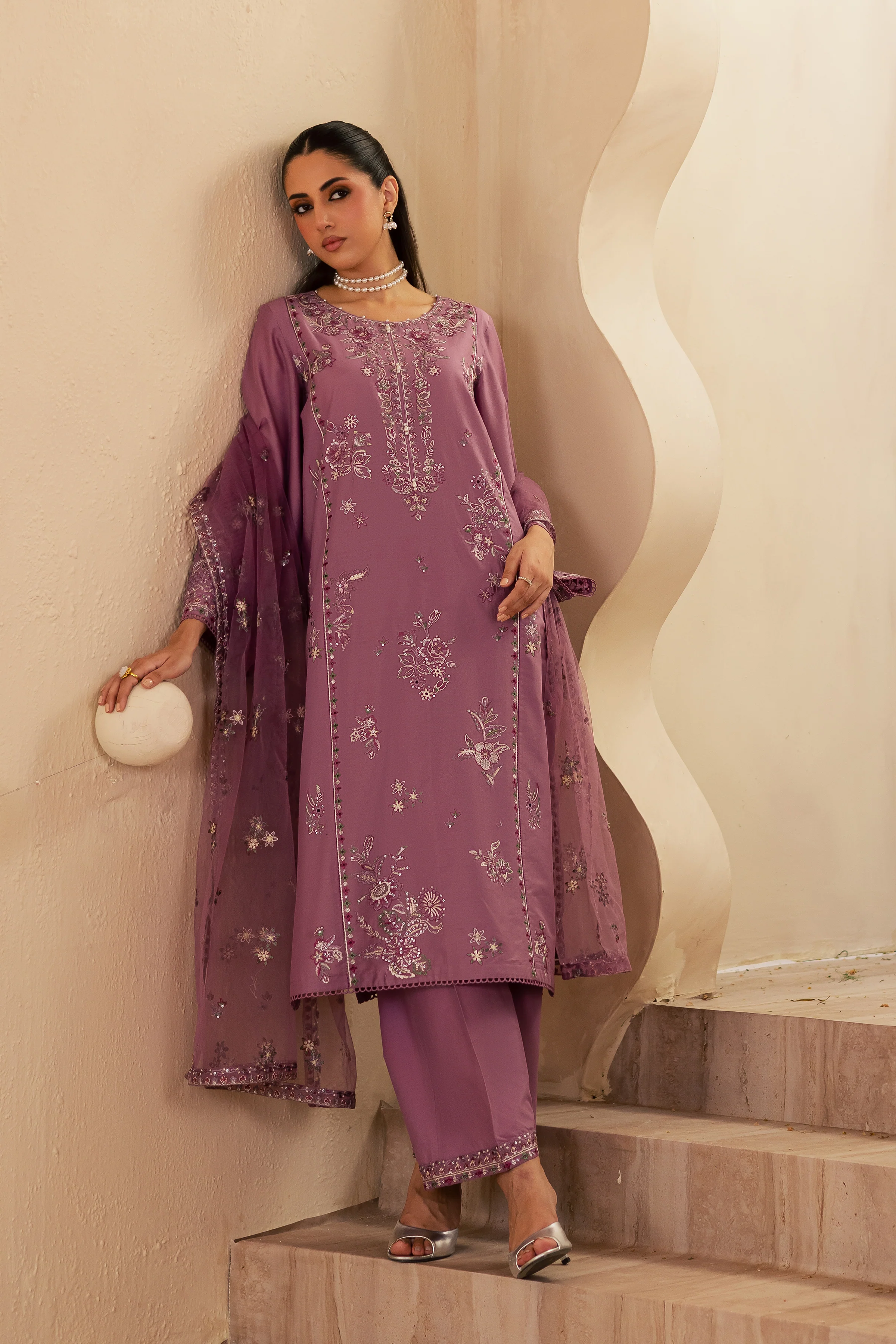 Lilac Glam 3Pc - Embroidered Solid Dress - Image 6