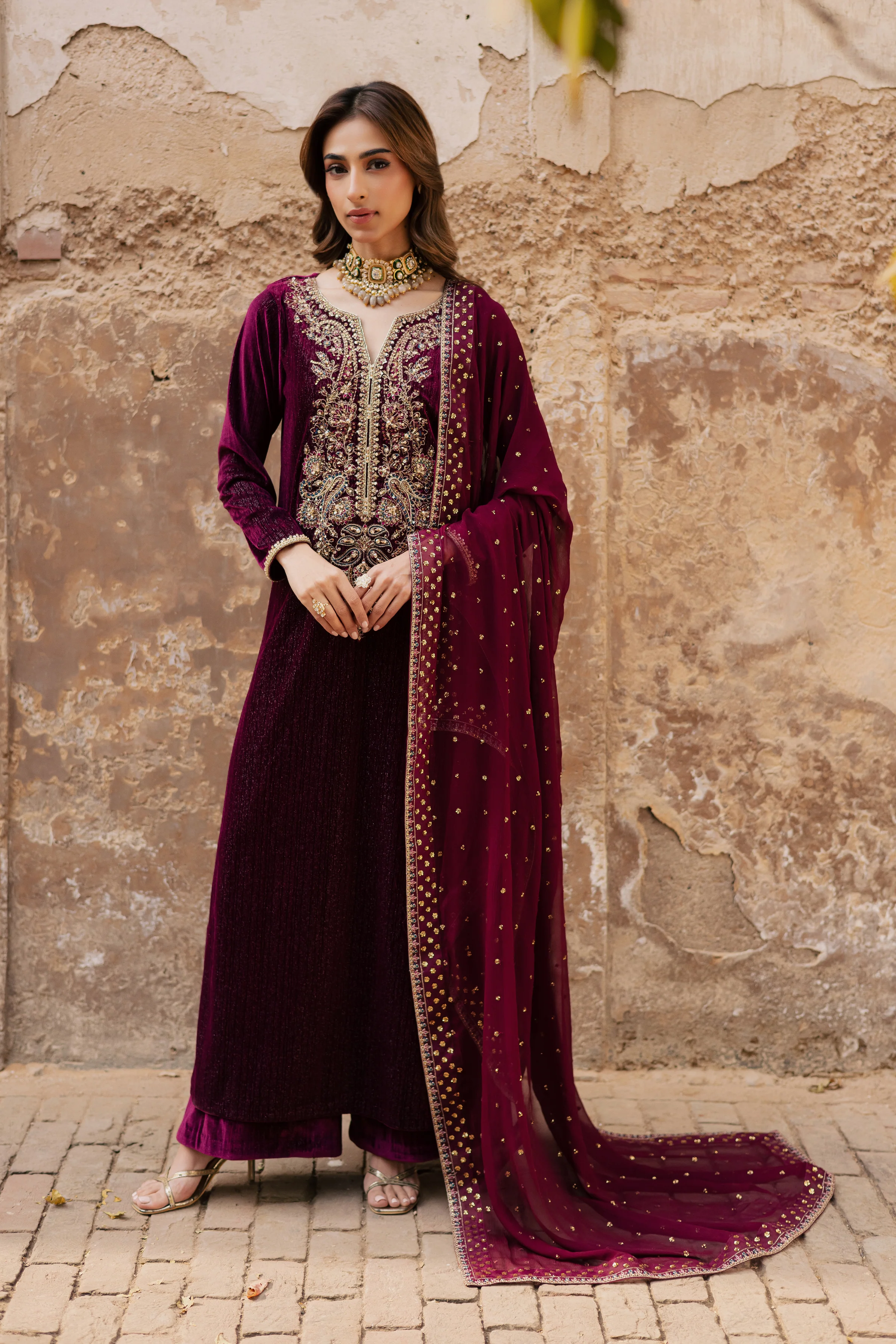 Maroon Aylin 3Pc - Velvet Formal Dress - Image 3