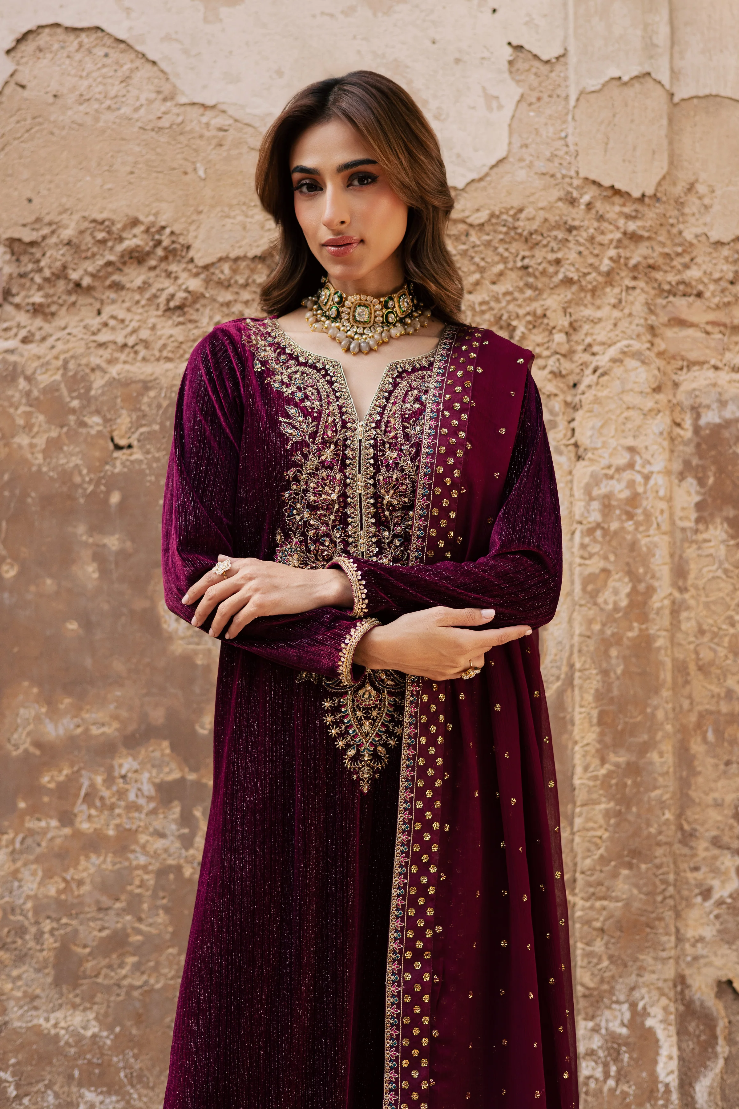 Maroon Aylin 3Pc - Velvet Formal Dress - Image 4