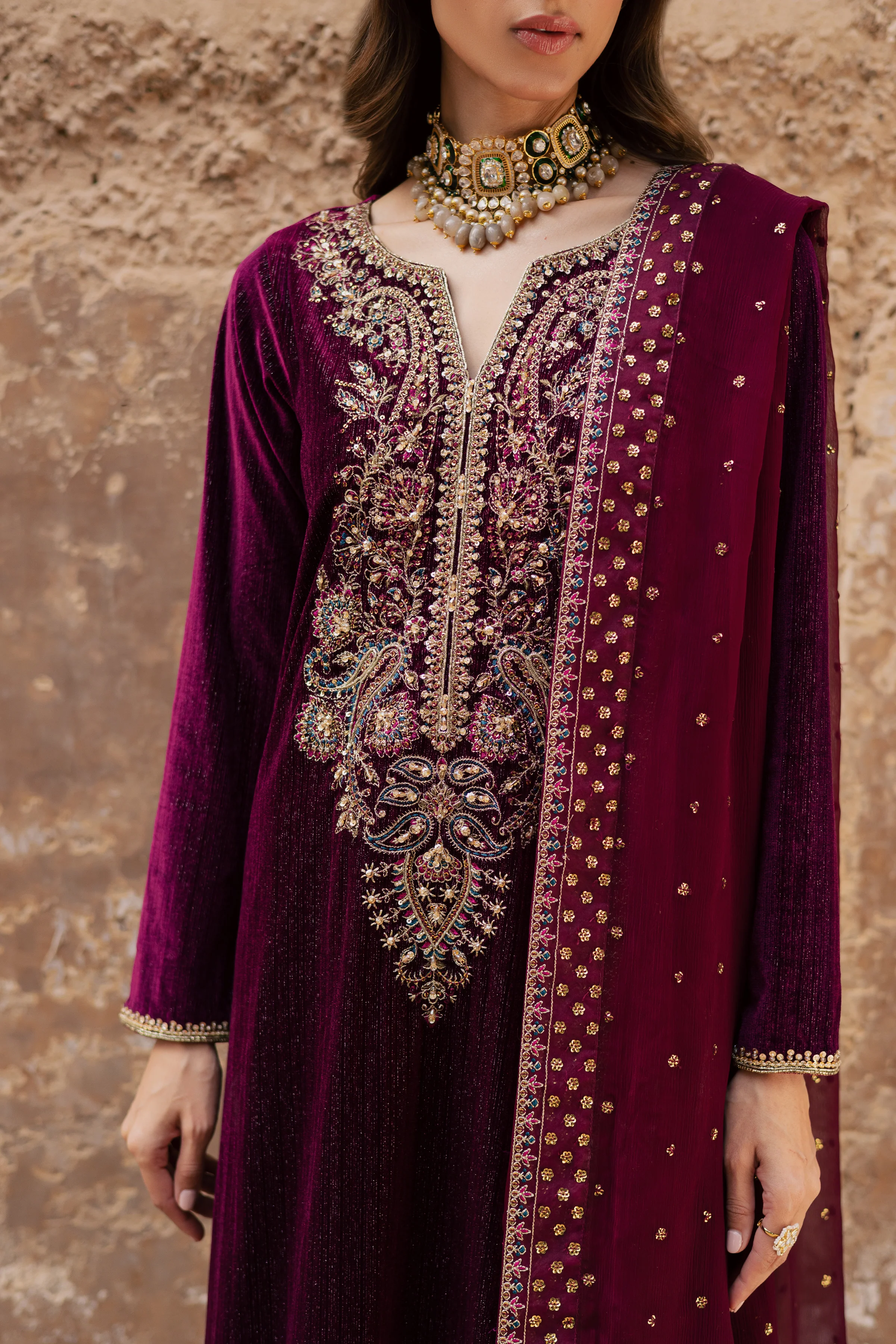 Maroon Aylin 3Pc - Velvet Formal Dress - Image 6