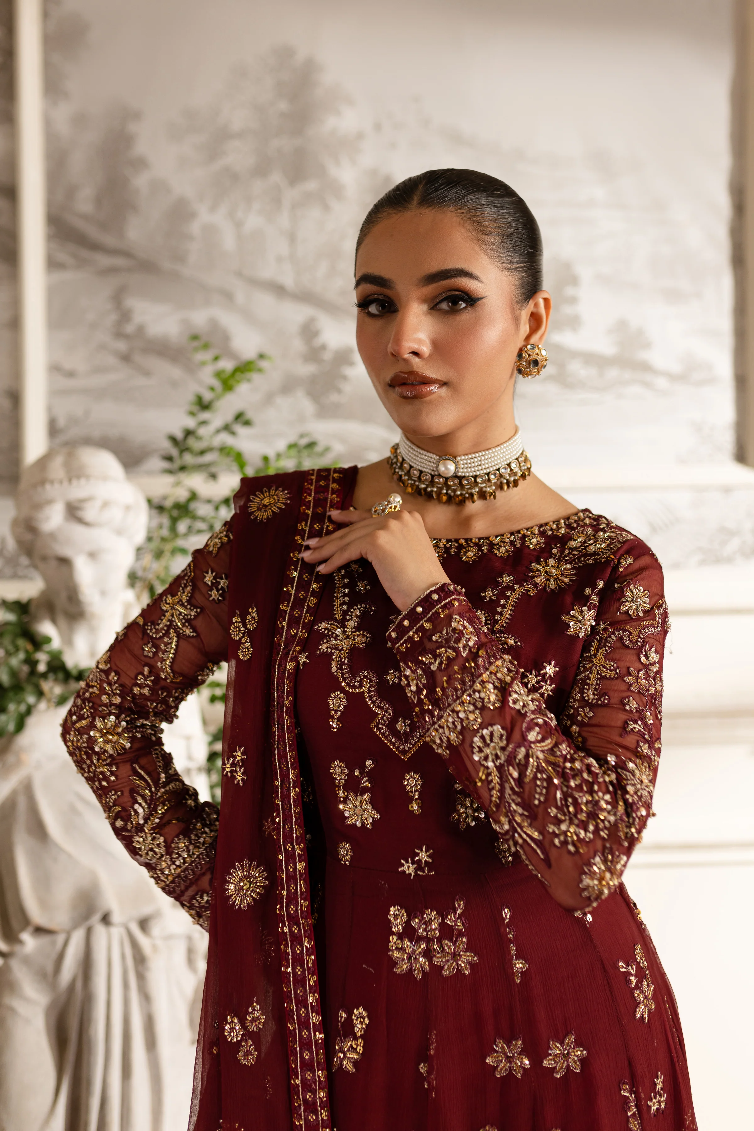 Maroon Flame- 3Pc Formal Eid Dress - Image 2