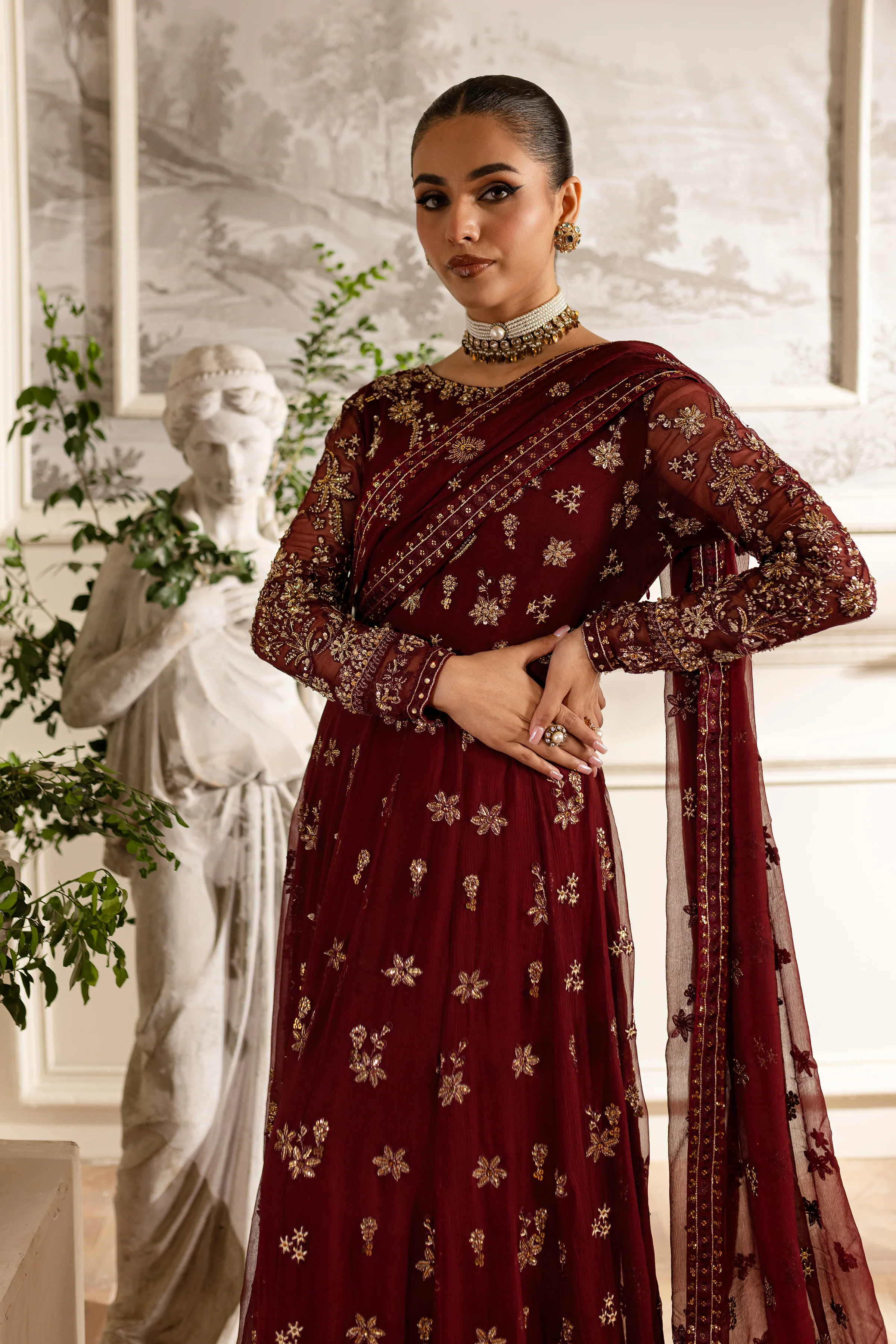Maroon Flame- 3Pc Formal Eid Dress - Image 3
