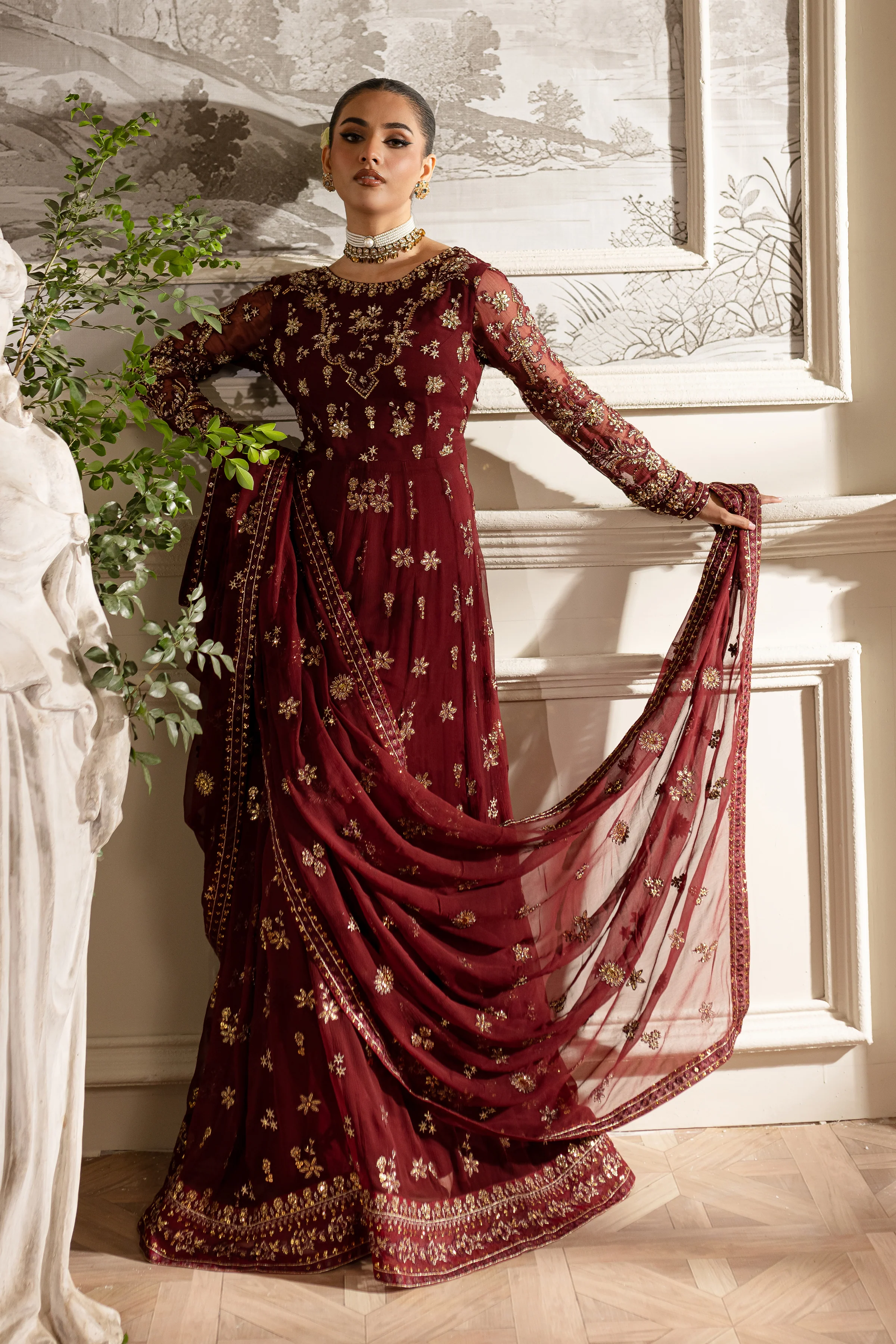 Maroon Flame- 3Pc Formal Eid Dress - Image 6
