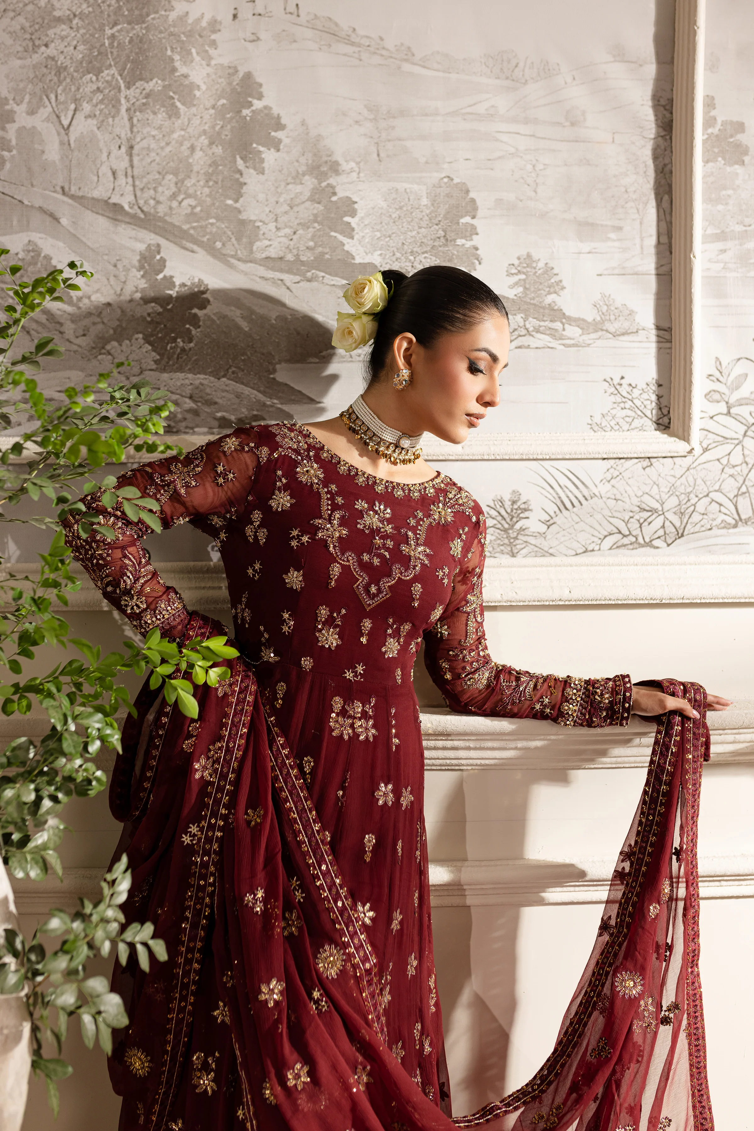 Maroon Flame- 3Pc Formal Eid Dress - Image 8