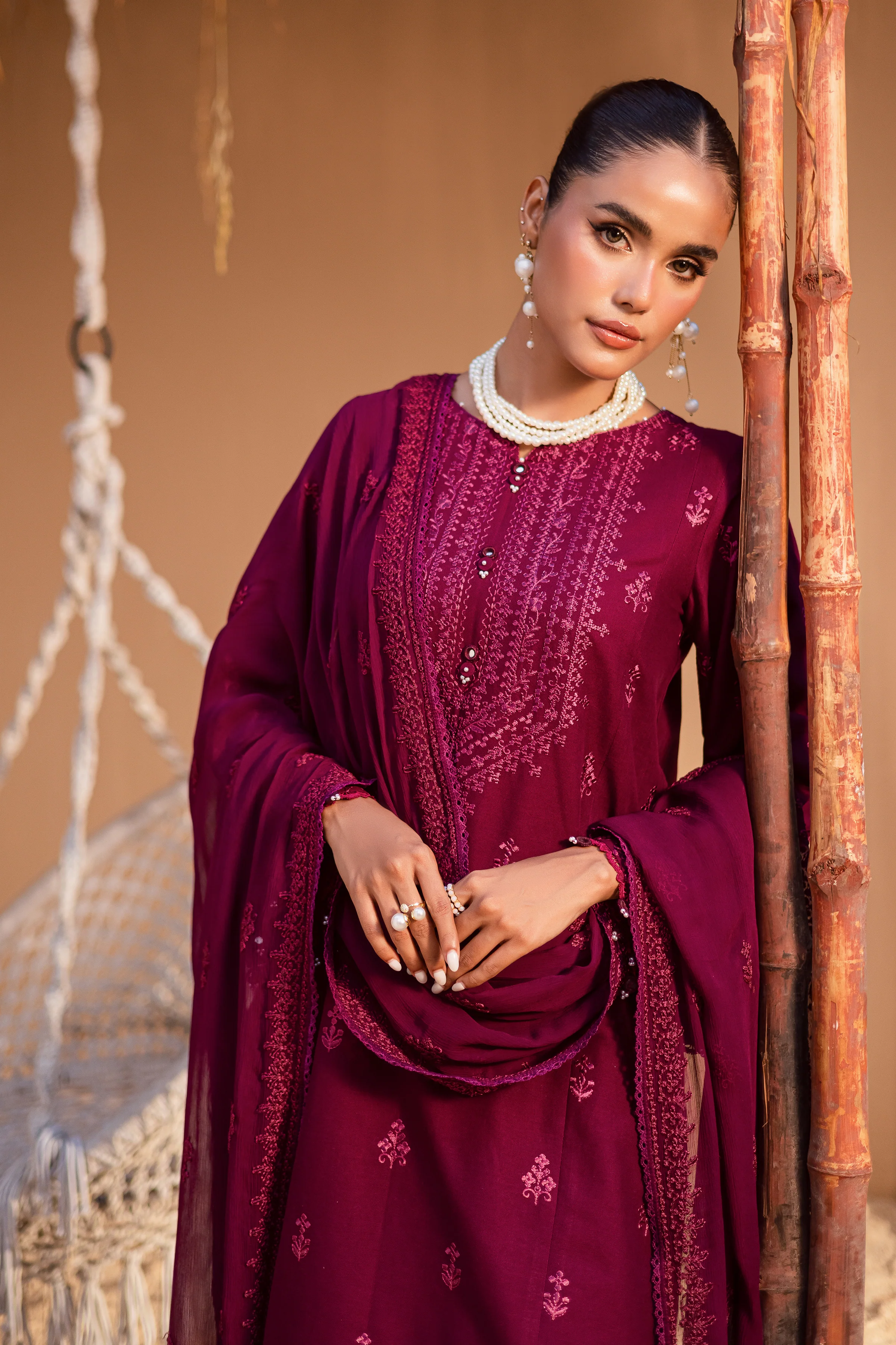 Maroon Henna 3Pc - Embroidered Khaddar Dress - Image 2